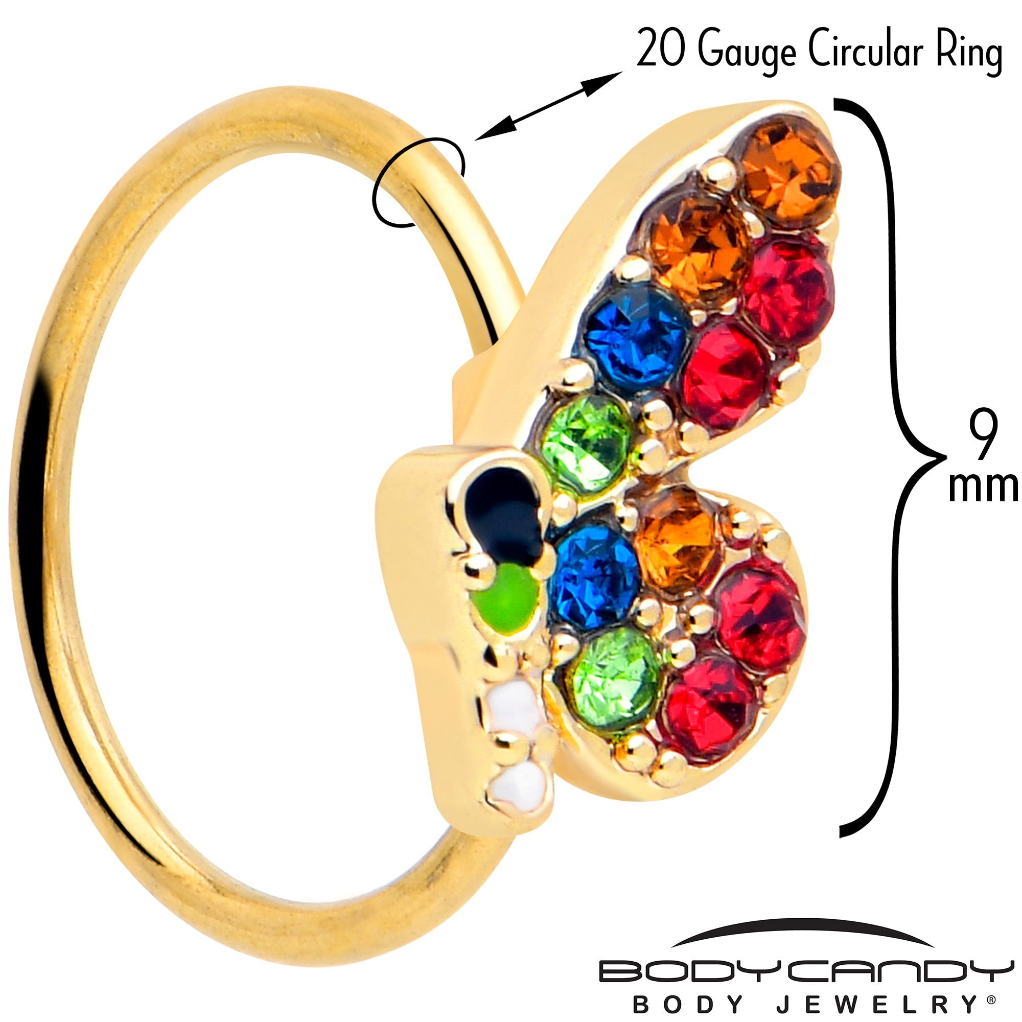 20G 5/16 Red Blue Gem Gold Tone Butterfly Nose Hoop