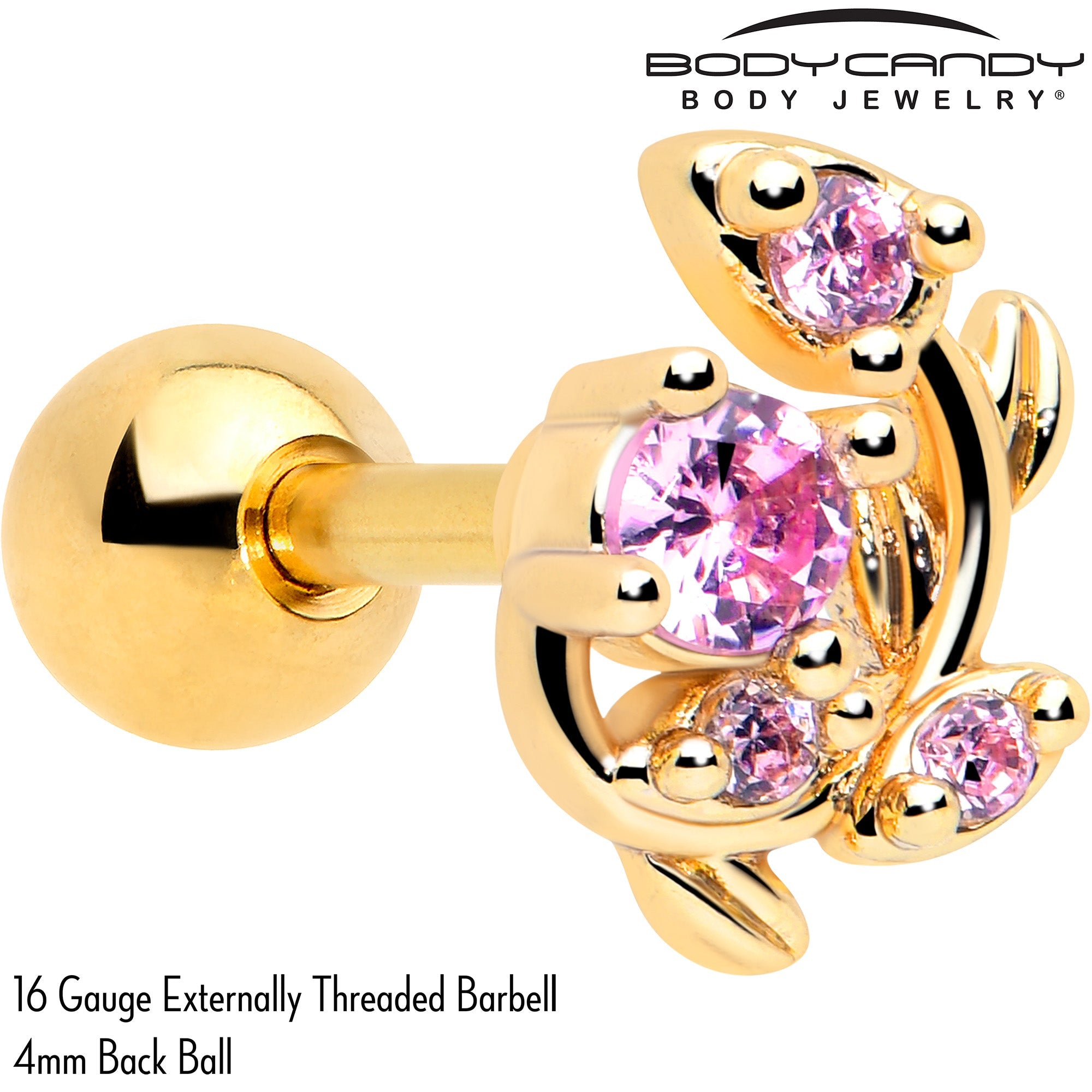16G 1/4 Pink Gem Gold Tone Twining Vine Cartilage Tragus Earring