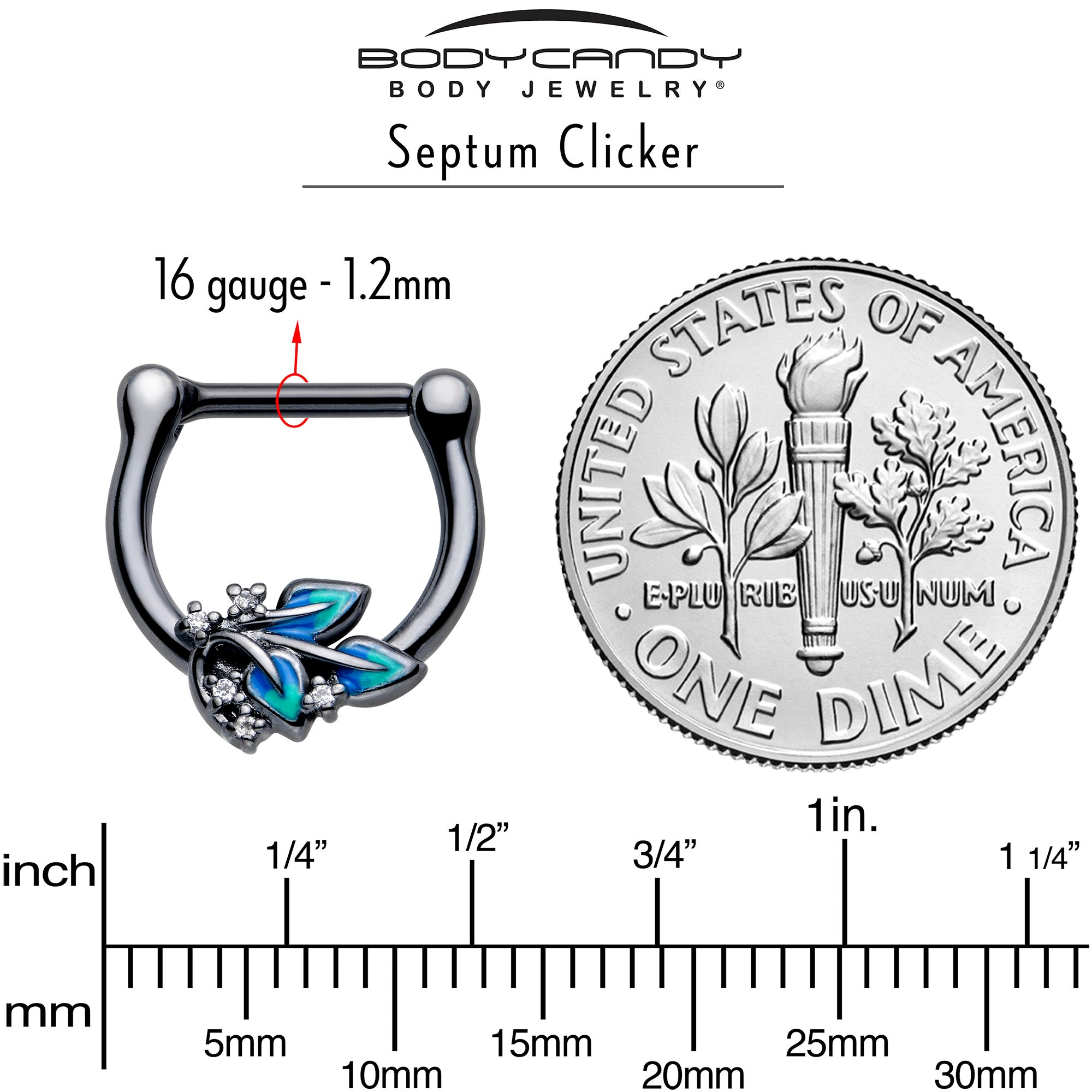 16G 5/16 Clear CZ Gem Black Lush Leaves Cartilage Clicker