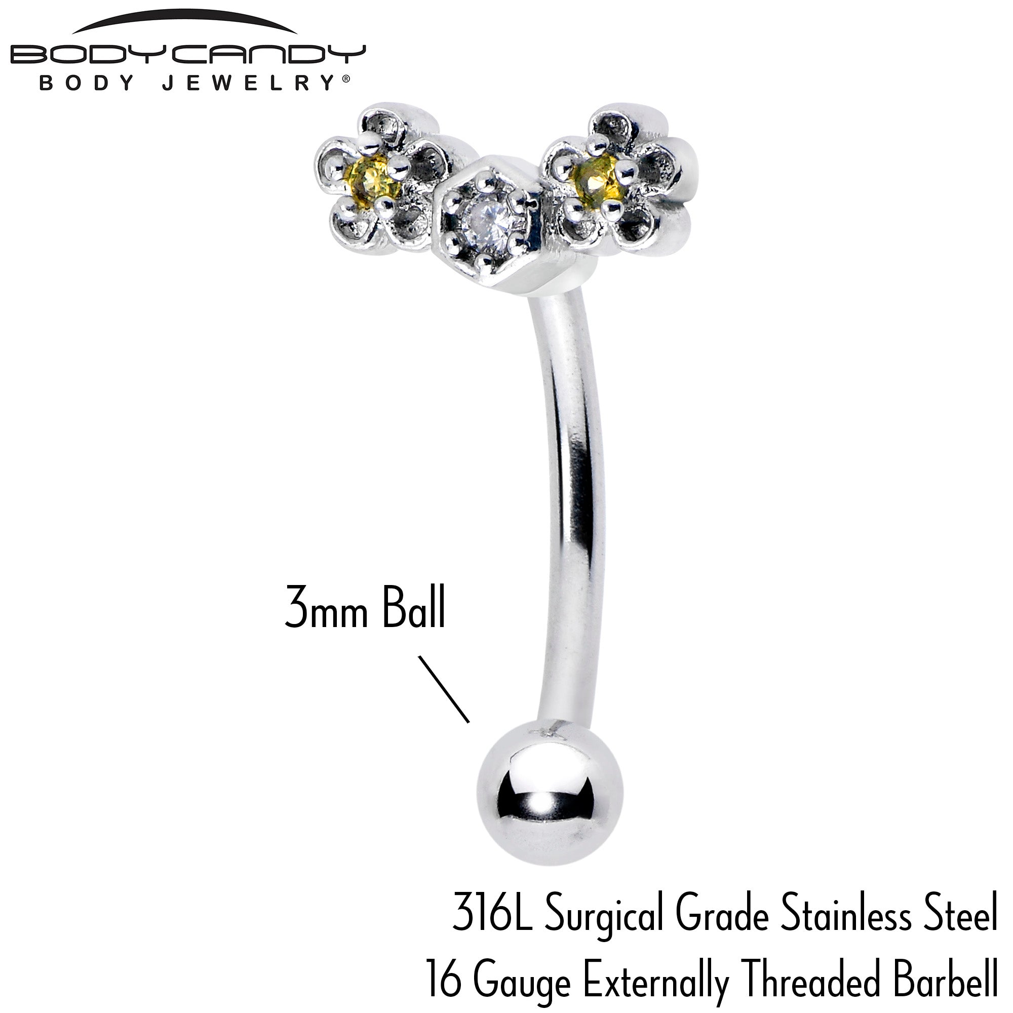 16G 5/16 Yellow CZ Gem Flower Honeycomb Curved Eyebrow Ring