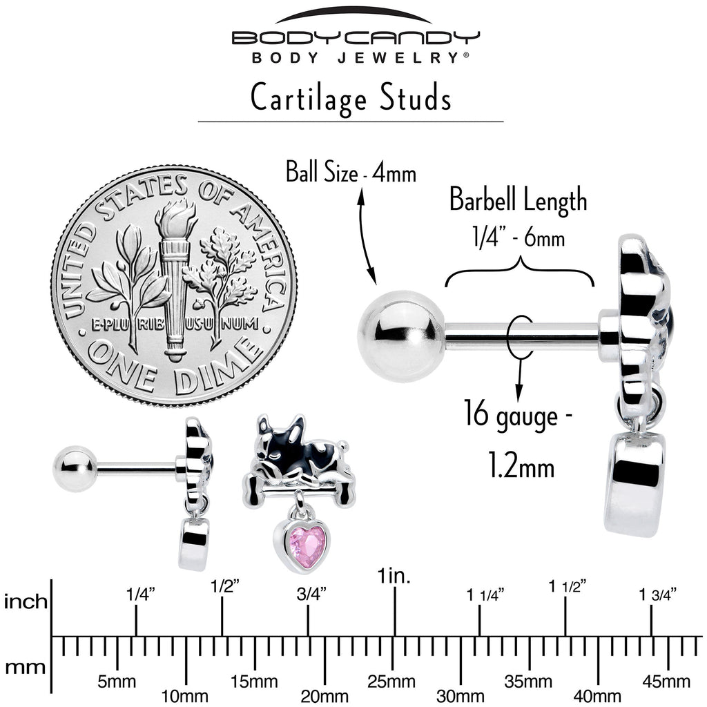 16G 1/4 Pink CZ Gem Sleepy French Bulldog Dangle Cartilage Earring
