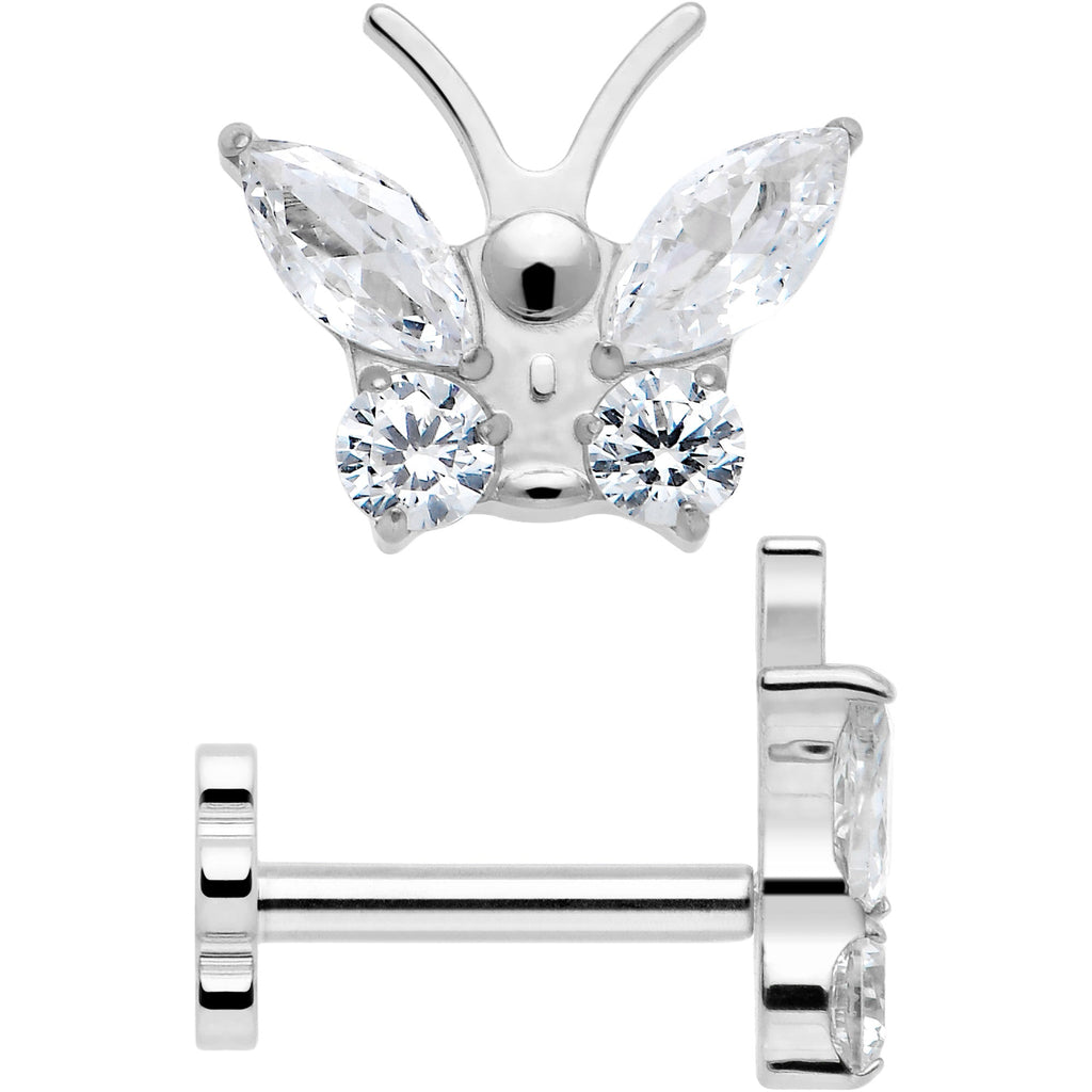 16G 5/16 Titanium Reversible Flower Threadless Gem Butterfly Labret Tragus