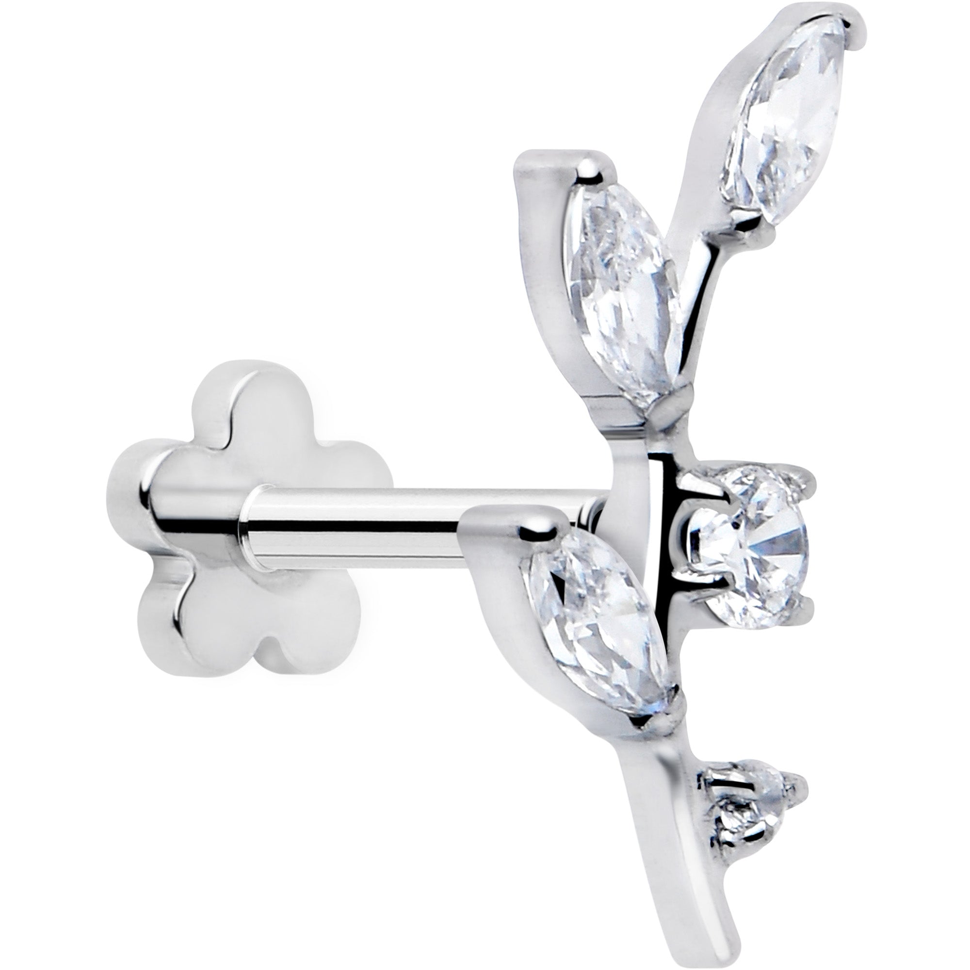 18G 1/4 Clear Gem Implant Grade Titanium Leaves Threadless Flatback Stud