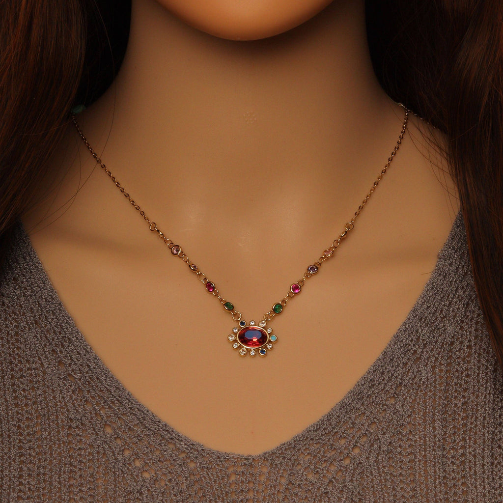 Colorful CZ  Link Garnet Opal Eye Necklace, Sku#Y828