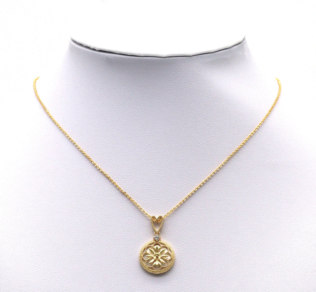 Gold CZ Flower with Pearl On Round Coin Charm, Sku#ZX96