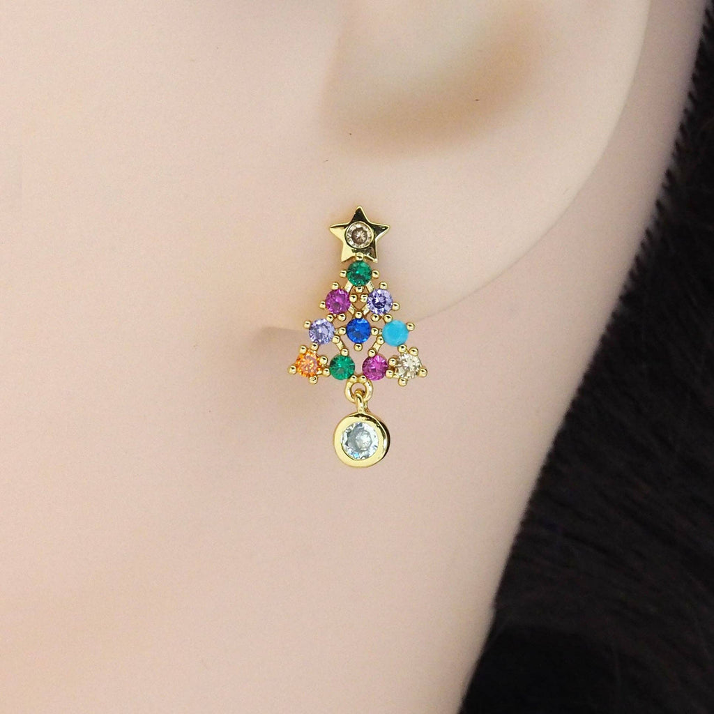 Gold Colorful CZ Christmas Trees Stud Earrings, Sku#Y818