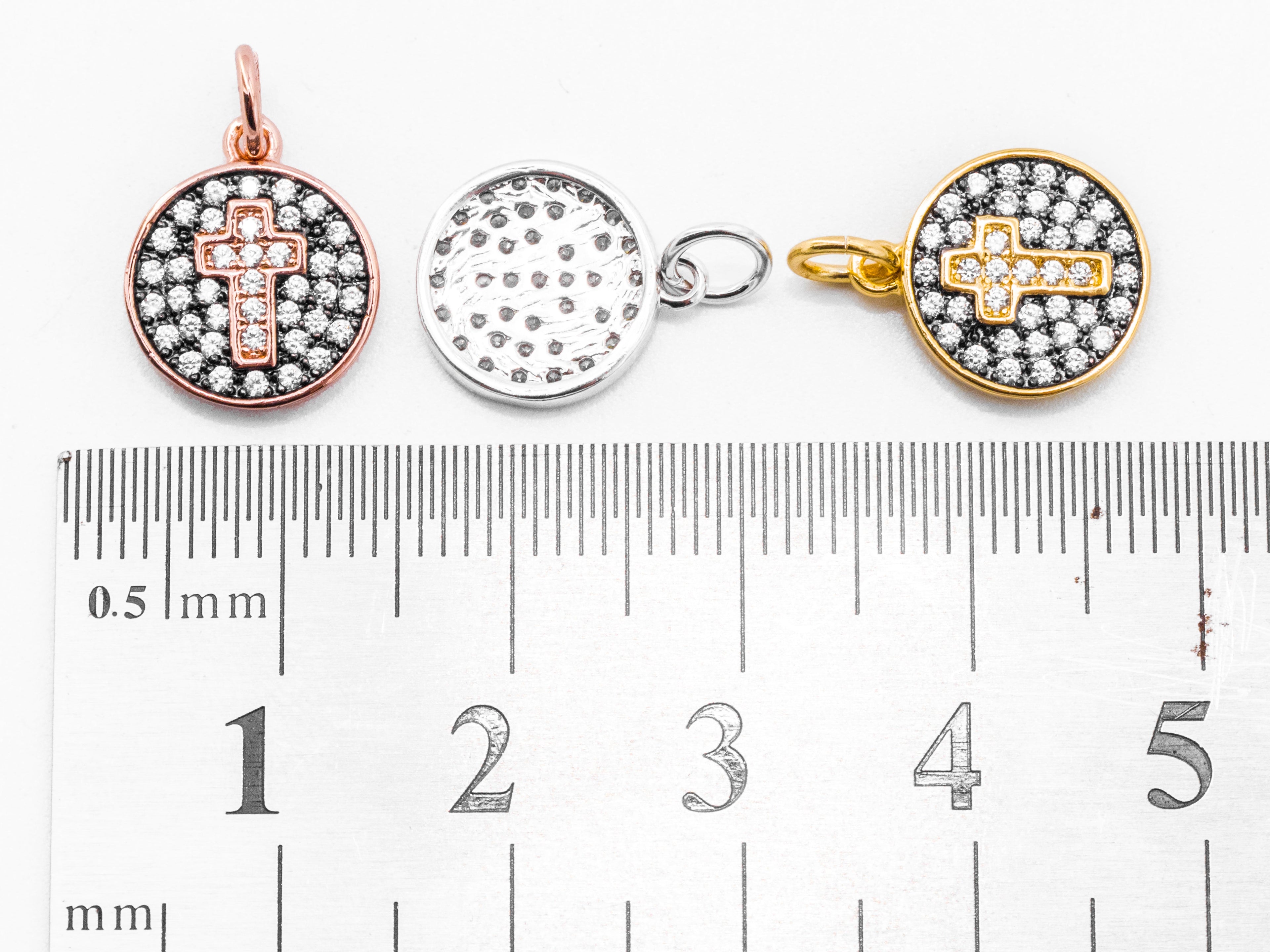 CZ Micro Pave Cross Symbol on Disc Round Charm/Pendant, Black CZ in Gold Rose, Gold, Silver Finish,  11x13mm,sku#Y10