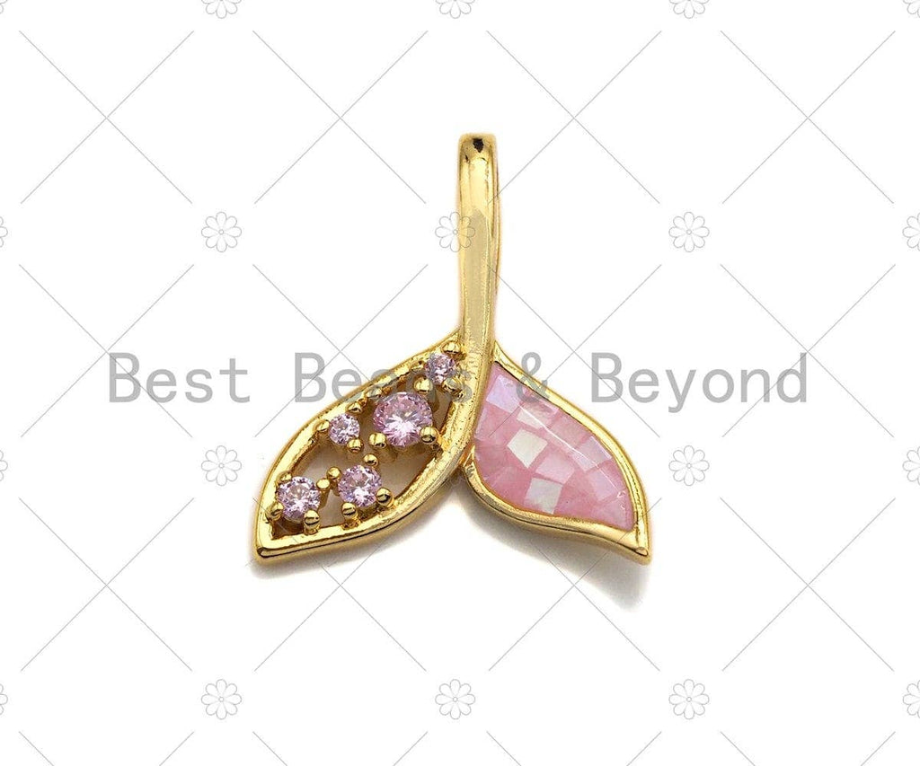 Cute Shark Tale Pink Pendant/Charm, Pink Mother-of-pearl  Pendant, Cubic Zirconia Pendant, Gold Tone, 18x21mm, Sku#LK69