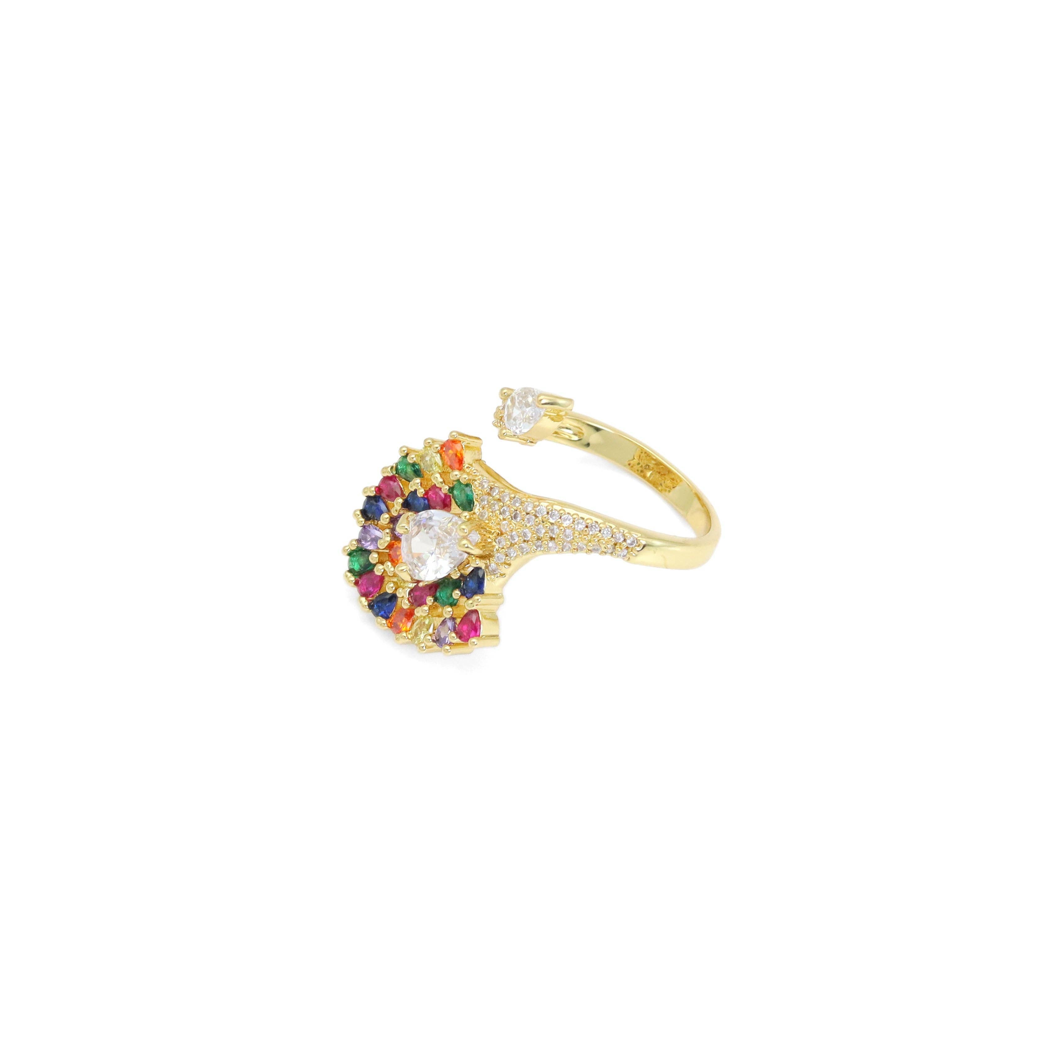 Clear Colorful Peacock Drop CZ Gold Adjustable Ring, Sku#LX493