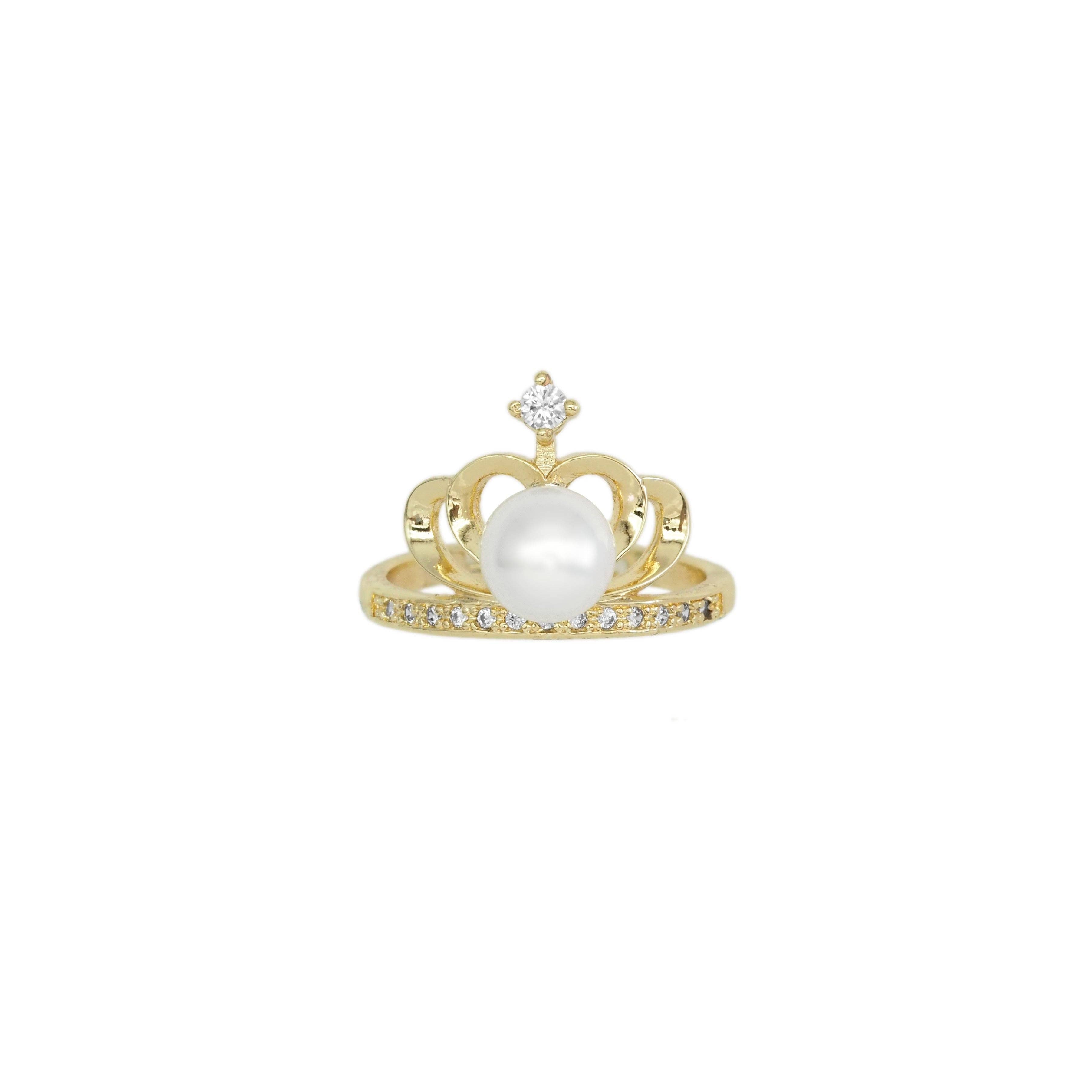 CZ Gold White Pearl Crown Adjustable Ring, Sku#ZX152