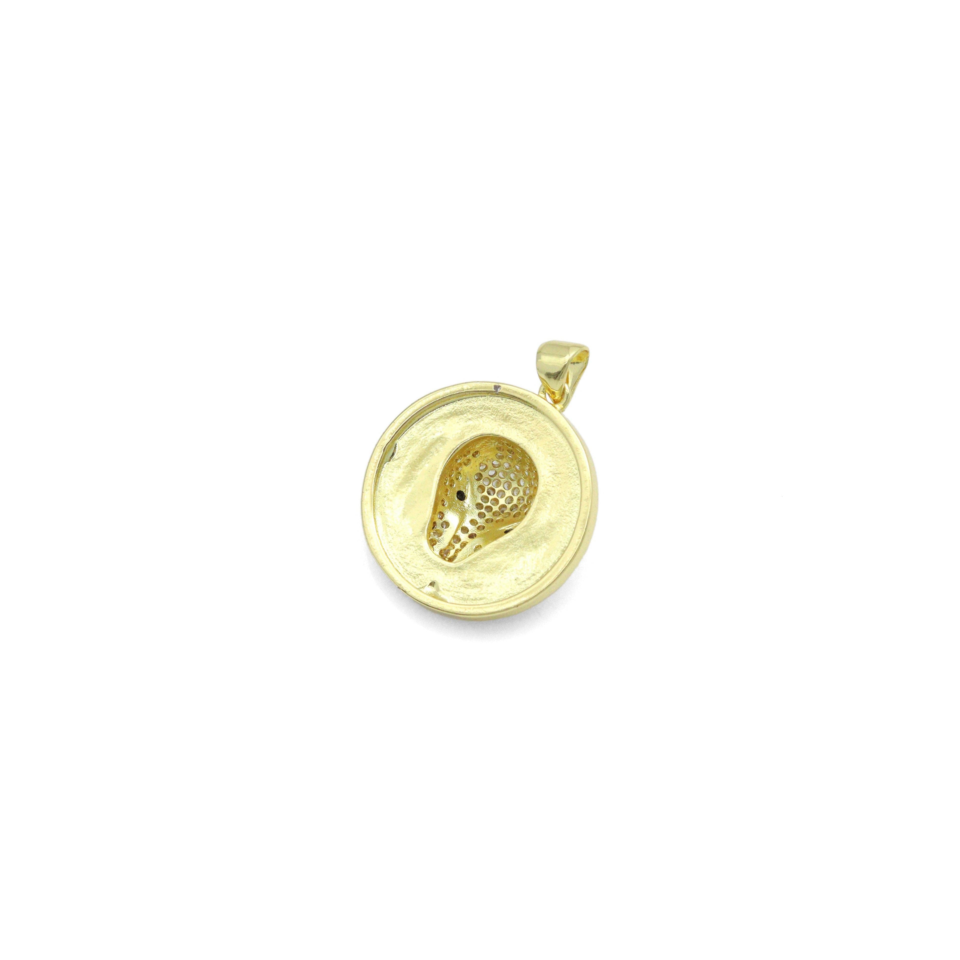 Clear CZ Gold Leopard Head Round Coin Charm Pendant,Sku#LX863