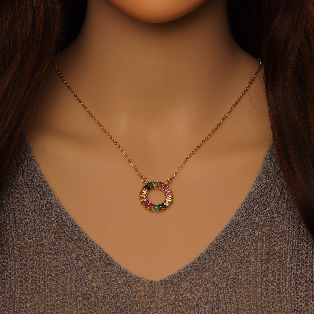 Colorful CZ Pendant Link Gold Adjustable Necklace, Sku#EF376