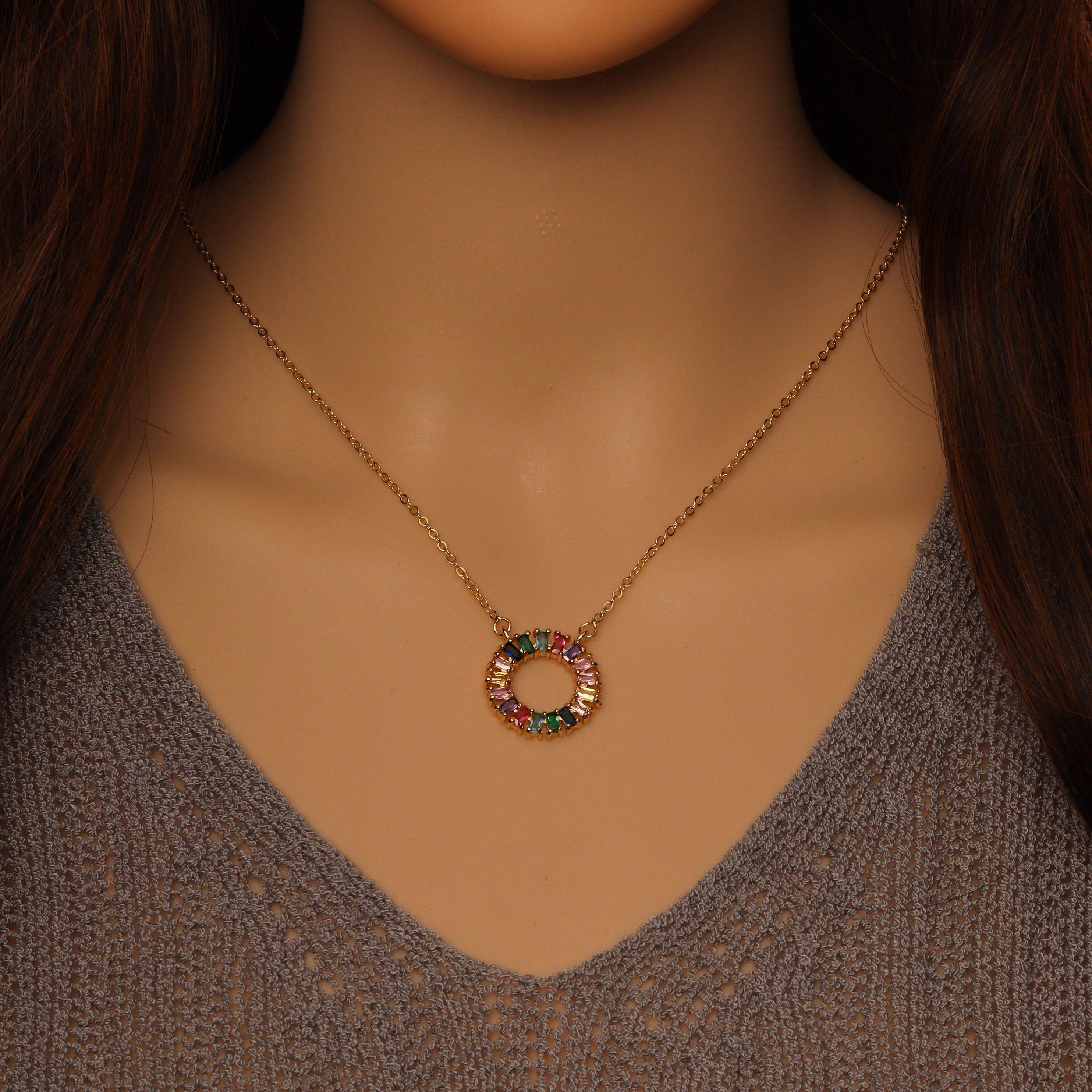 Colorful CZ Pendant Link Gold Adjustable Necklace, Sku#EF376