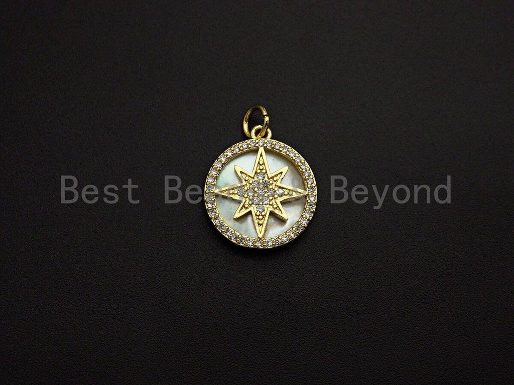 Mother-of-pearl Inlay North Star Round Pendant/Charm, North Star Round Coin Cubic Zirconia Pendant,17x15mm,Sku#Z1097