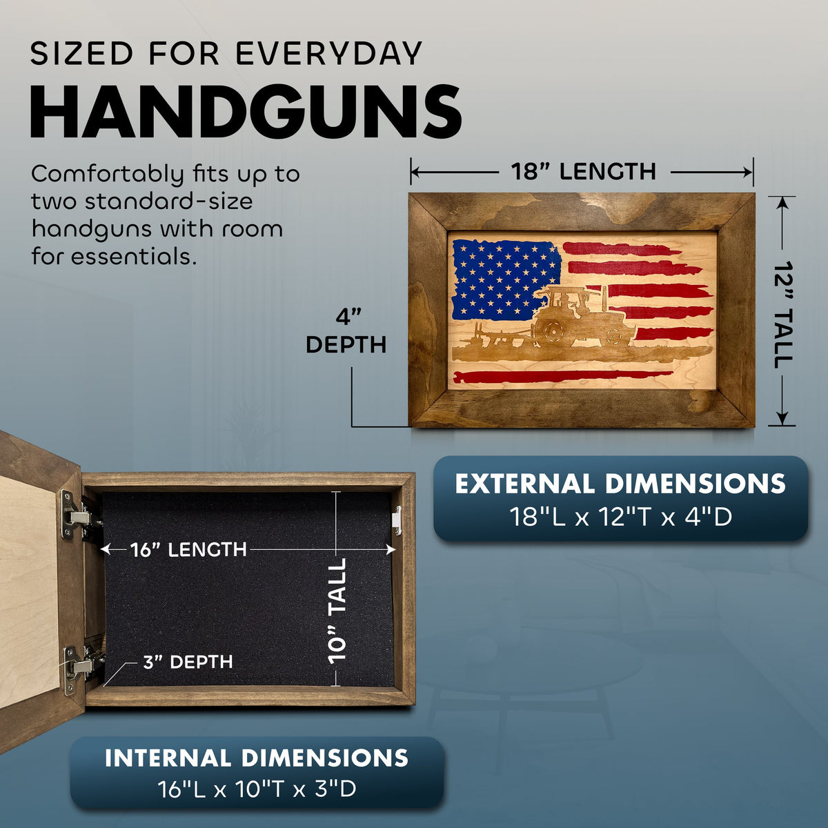 Locking Gun Cabinet Wall Mounted with American Flag and Farmer Patriotic Decorative Front