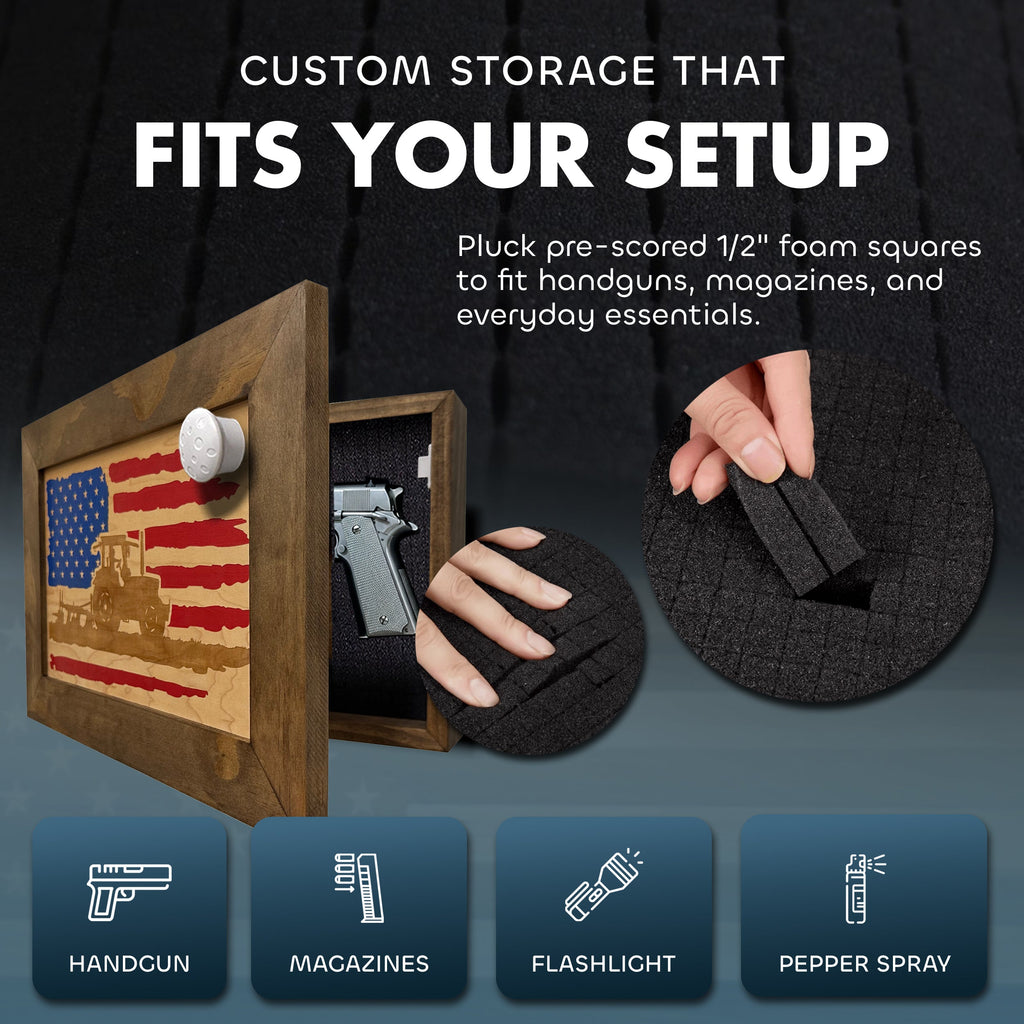 Locking Gun Cabinet Wall Mounted with American Flag and Farmer Patriotic Decorative Front
