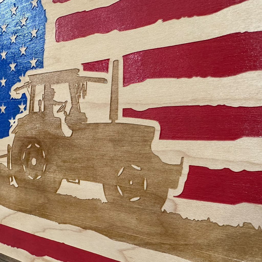 Locking Gun Cabinet Wall Mounted with American Flag and Farmer Patriotic Decorative Front
