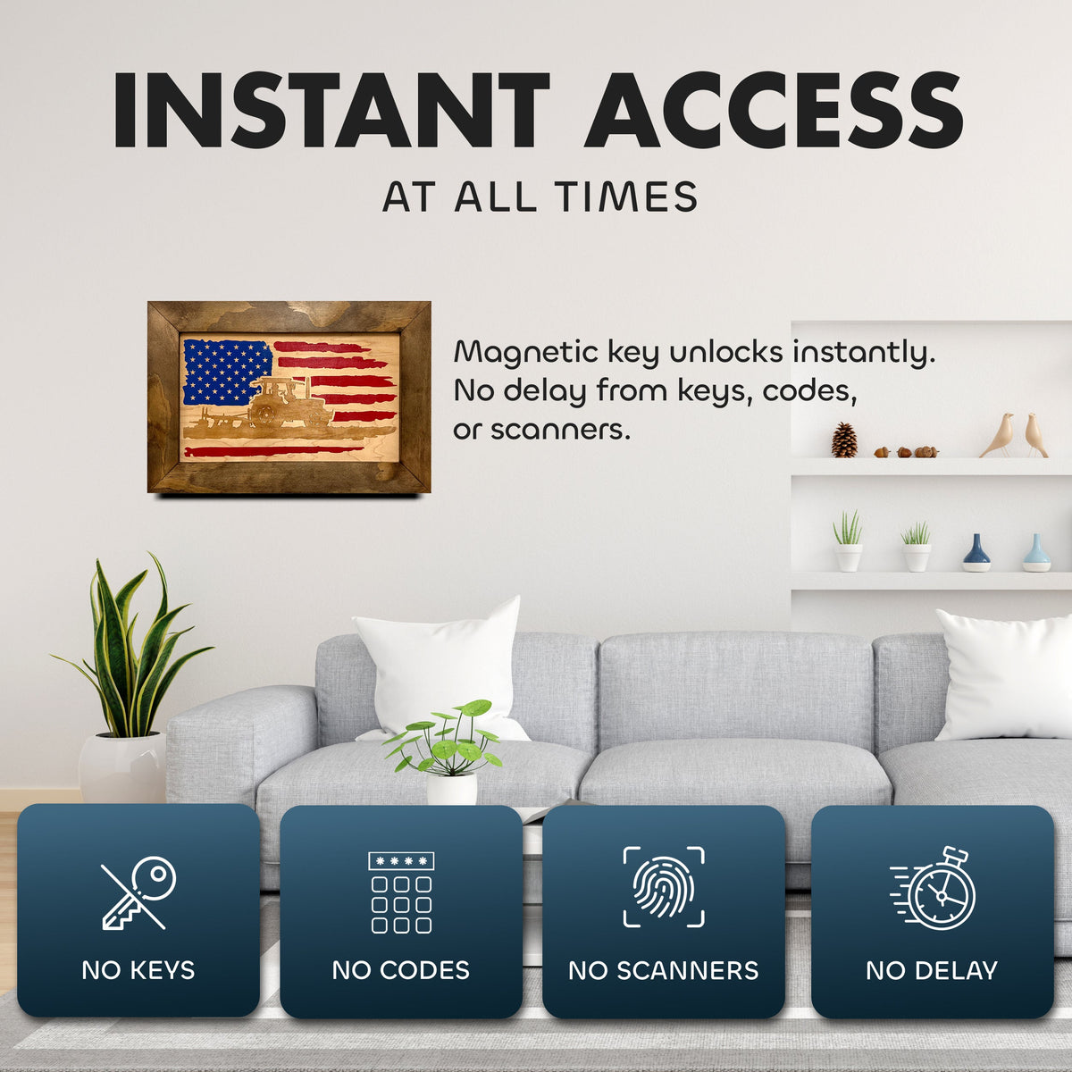 Locking Gun Cabinet Wall Mounted with American Flag and Farmer Patriotic Decorative Front