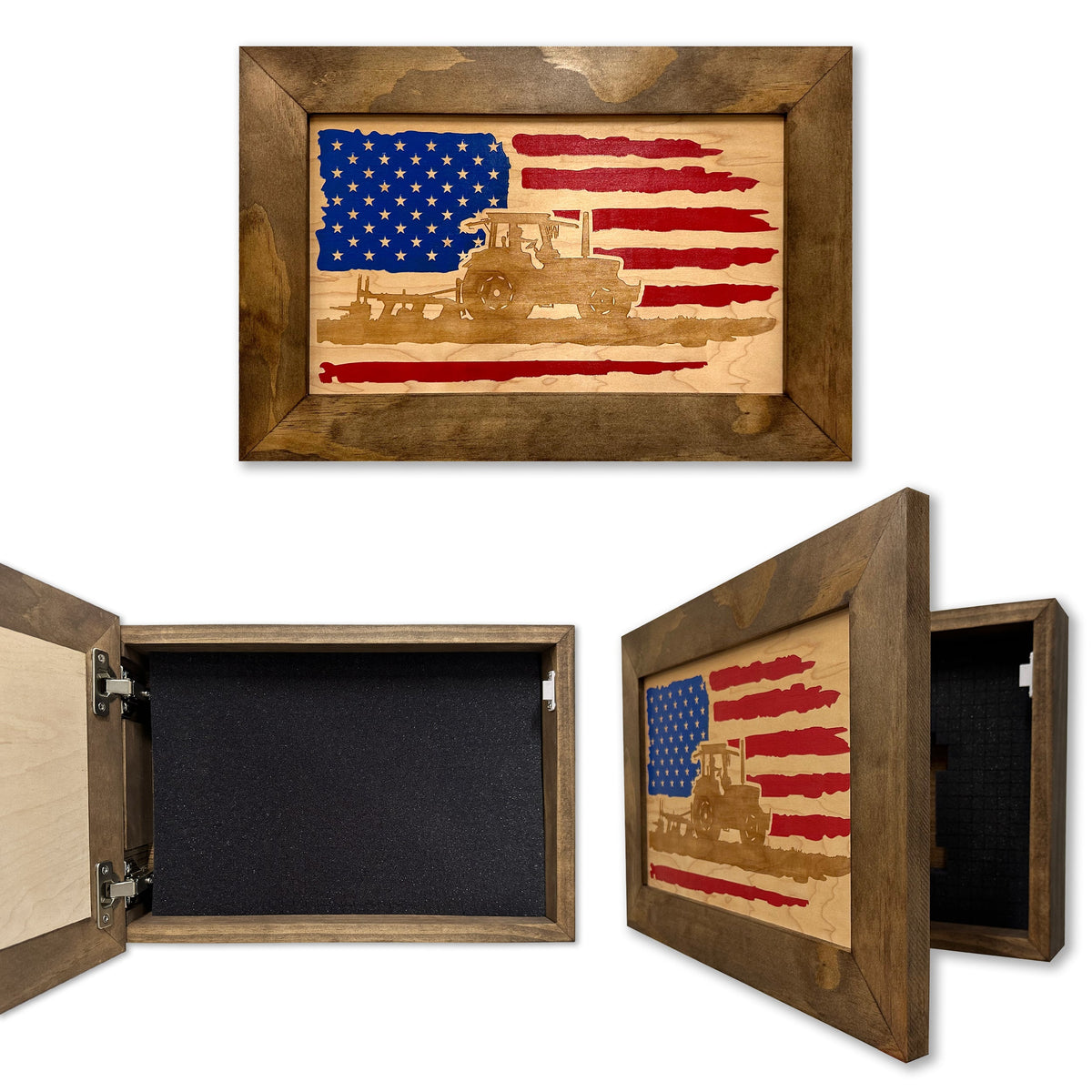 Locking Gun Cabinet Wall Mounted with American Flag and Farmer Patriotic Decorative Front