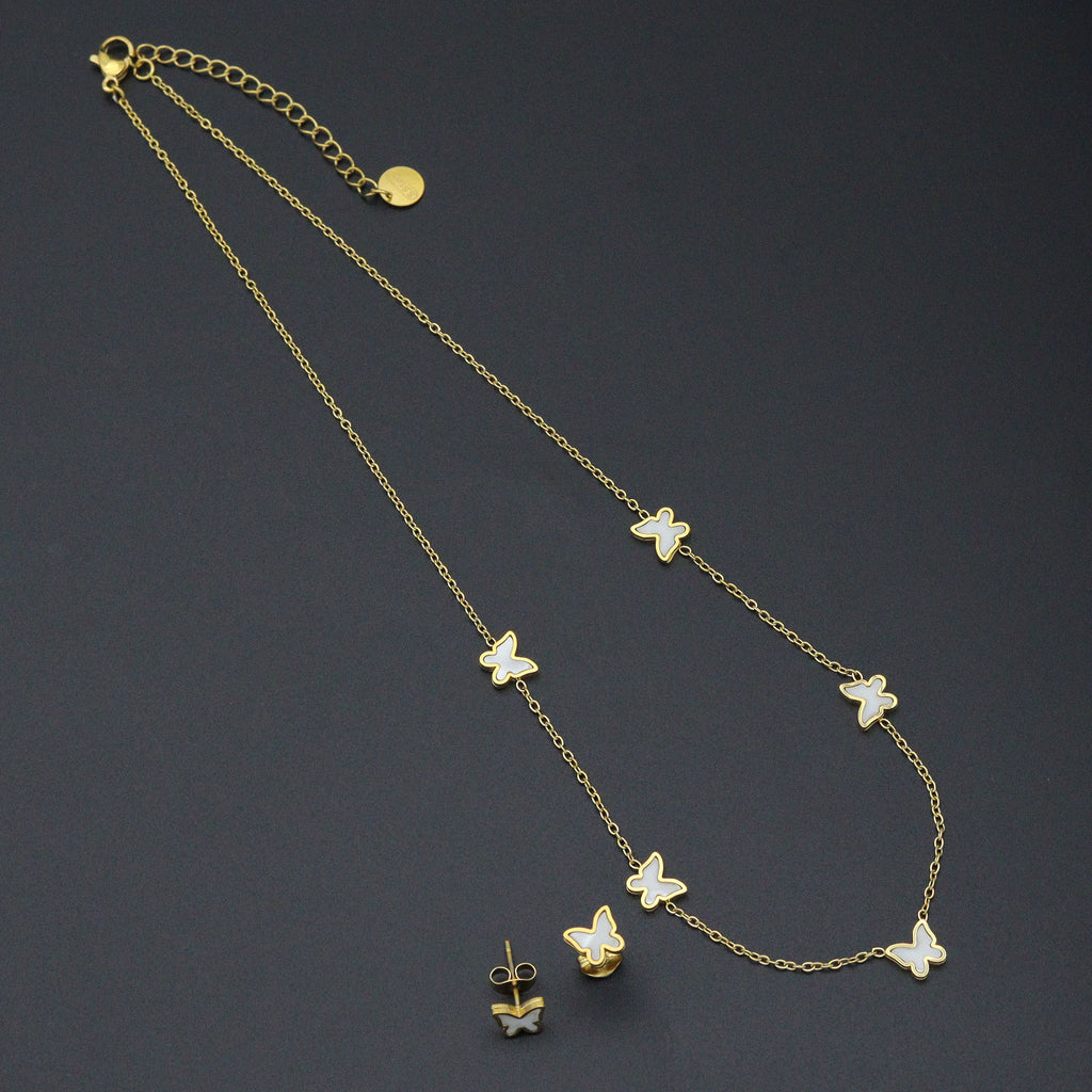 Mother of Pearl Butterfly Dainty Necklace Earring set, Sku#BXG15