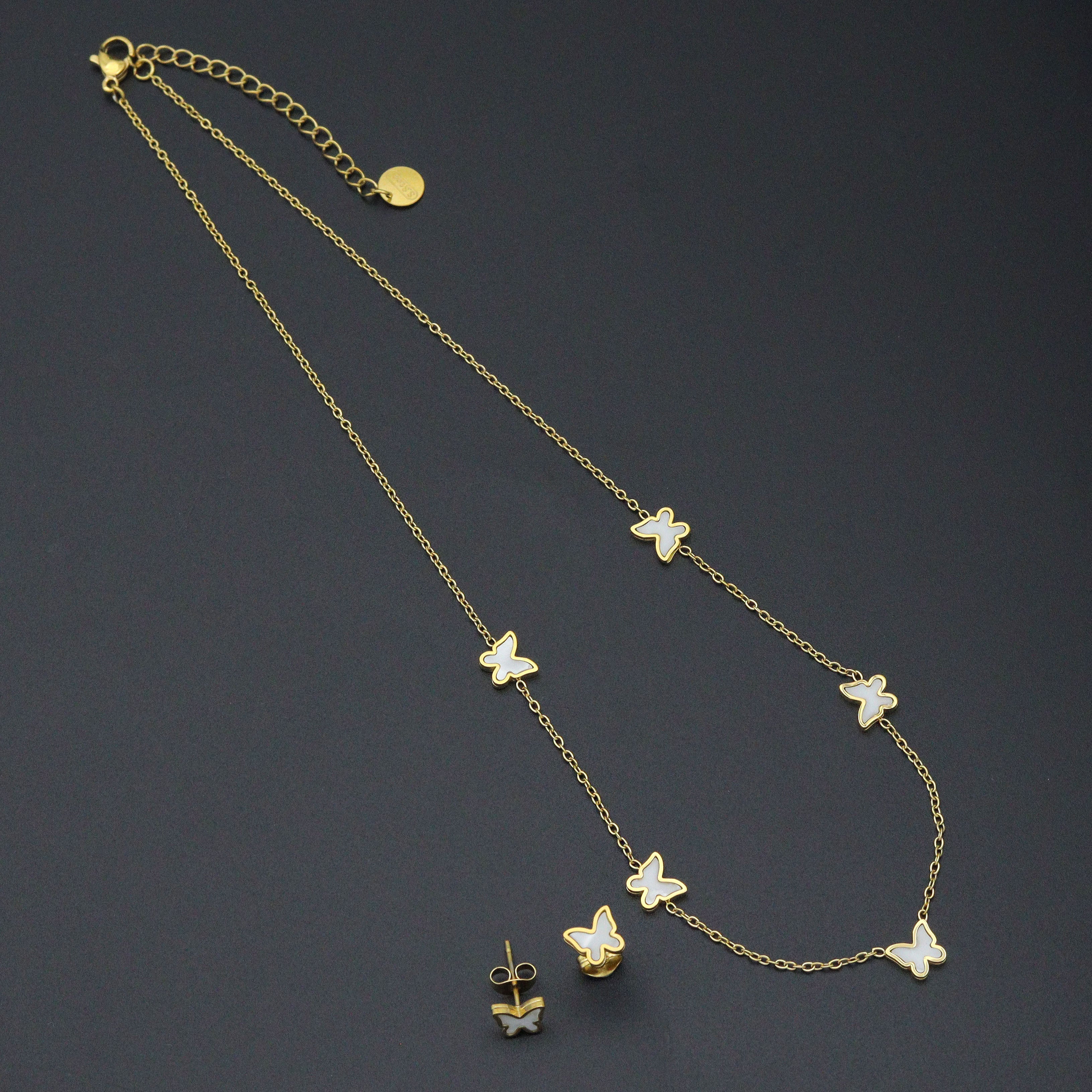 Mother of Pearl Butterfly Dainty Necklace Earring set, Sku#BXG15