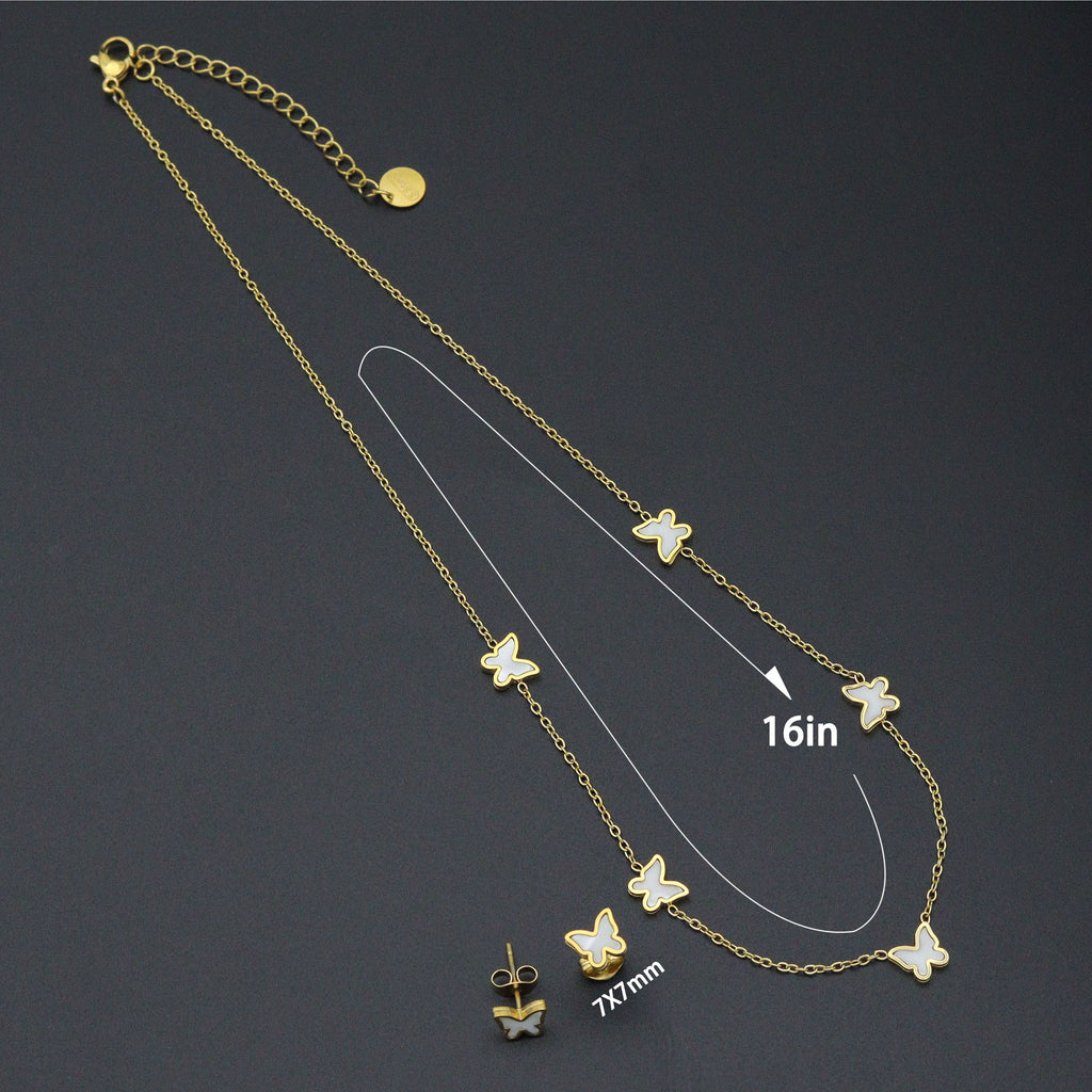 Mother of Pearl Butterfly Dainty Necklace Earring set, Sku#BXG15