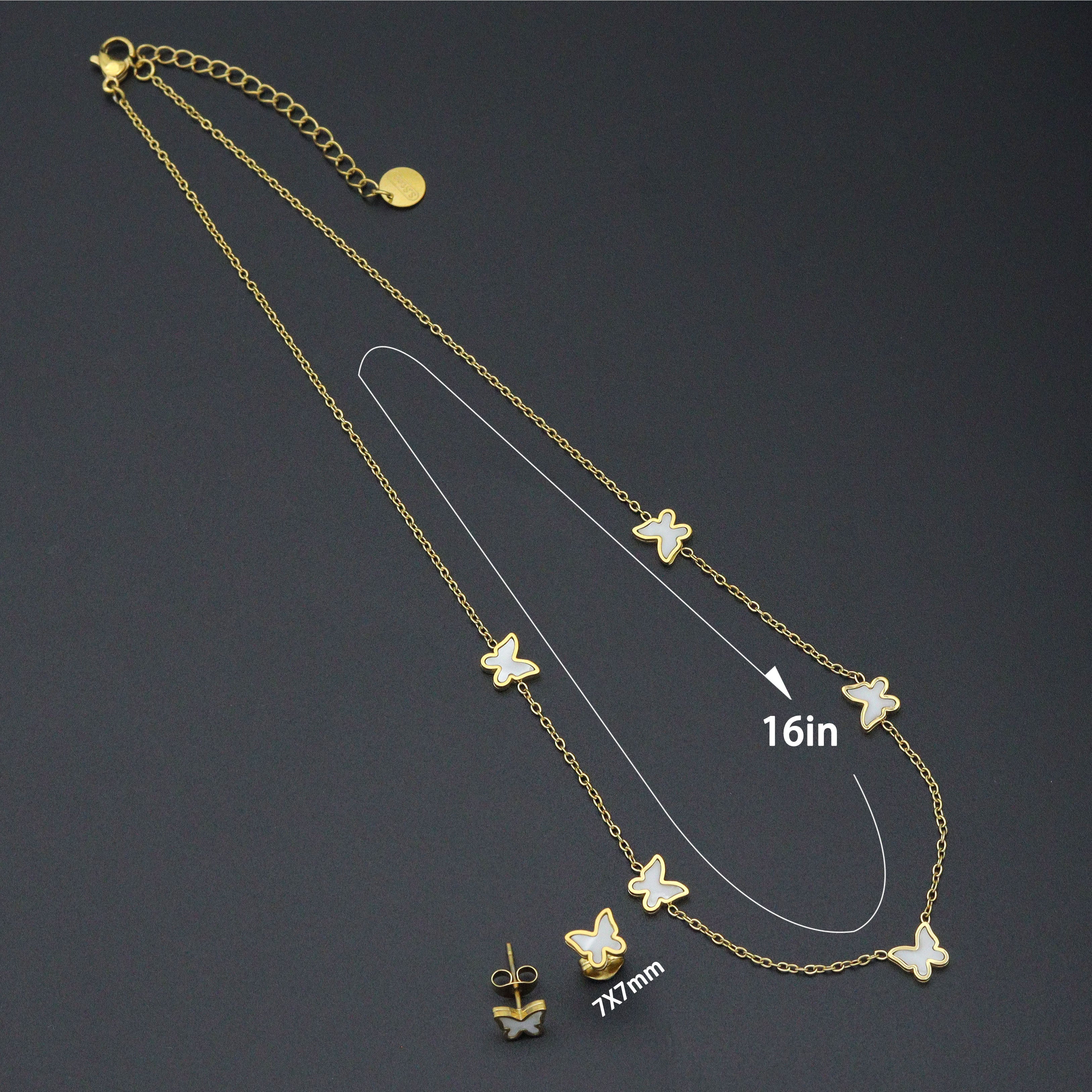 Mother of Pearl Butterfly Dainty Necklace Earring set, Sku#BXG15