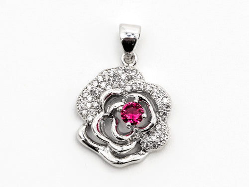 CZ Micro Pave Ruby Rose Flower Pendant,Fuchsia CZ, Cubic Zirconia Pave Flower Pendant, Jewelry DIY, 16x19mm, sku#Y51
