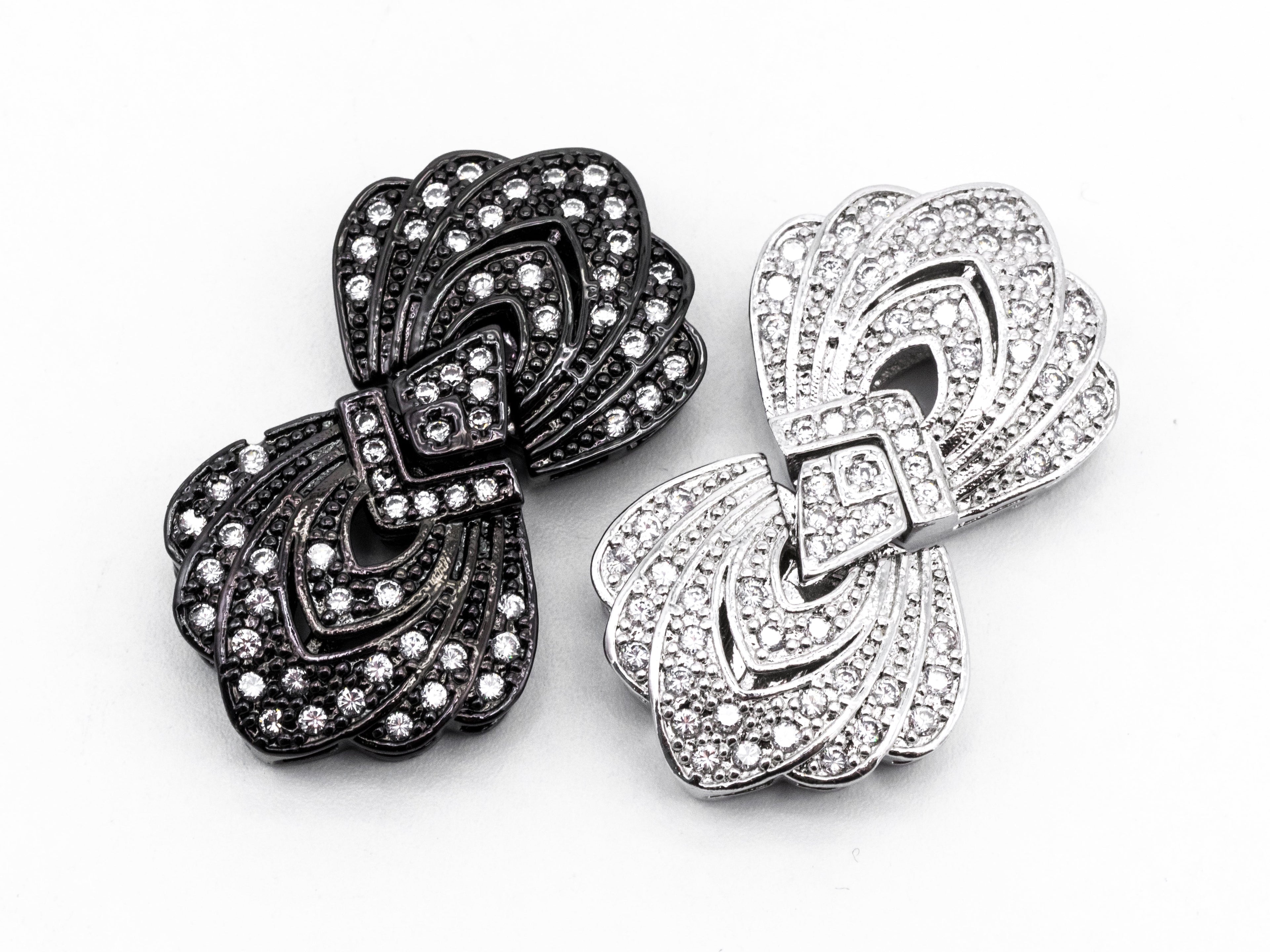 Clear CZ Micro Pave Double Flower Box Clasp, Cubic Zirconia Box Clasp, CZ Pave Tab Insert Clasp Fastener, 19X33X6mm, sku#Y64