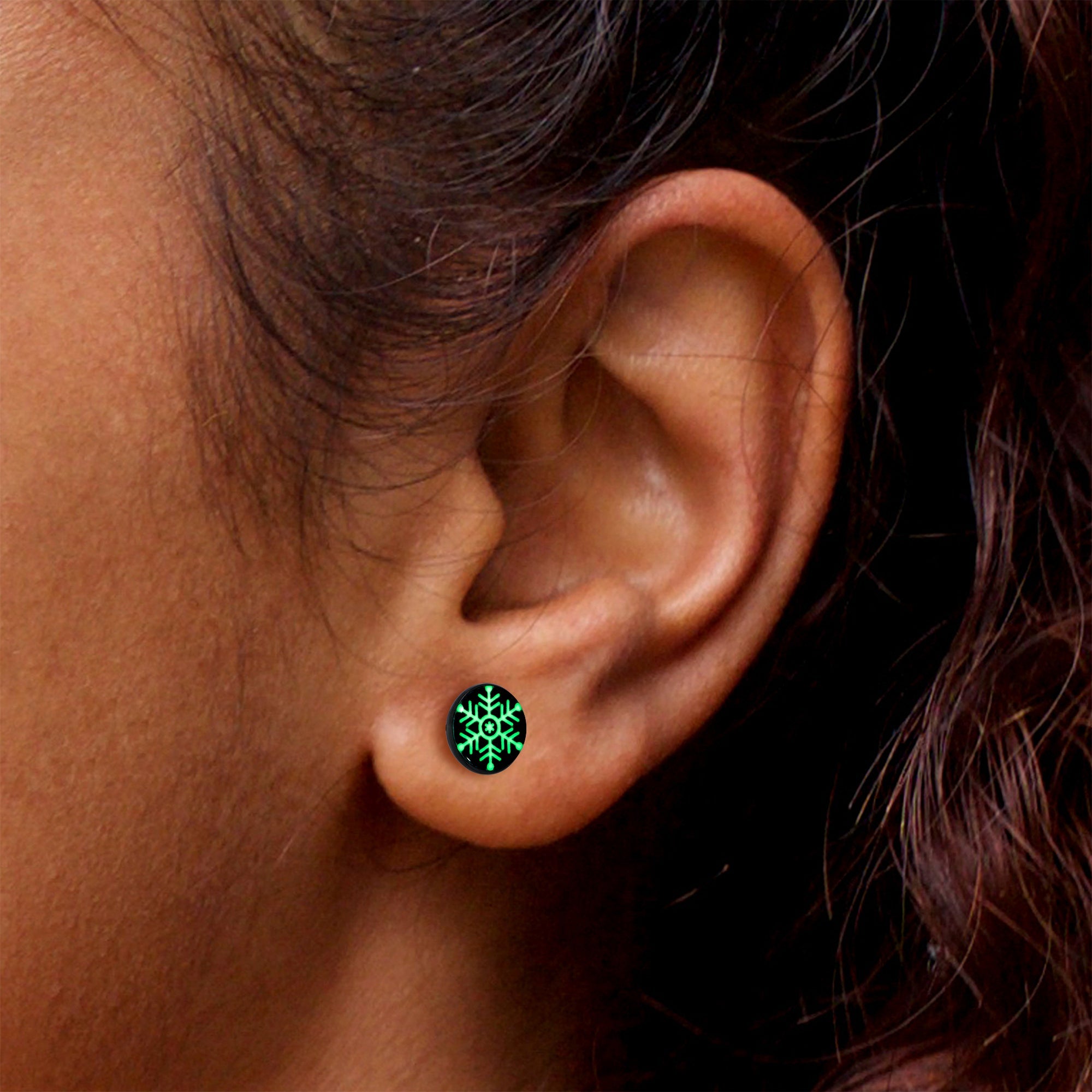 Black Anodized Glow in the Dark Holiday Snowflake Stud Earrings by Onyx O