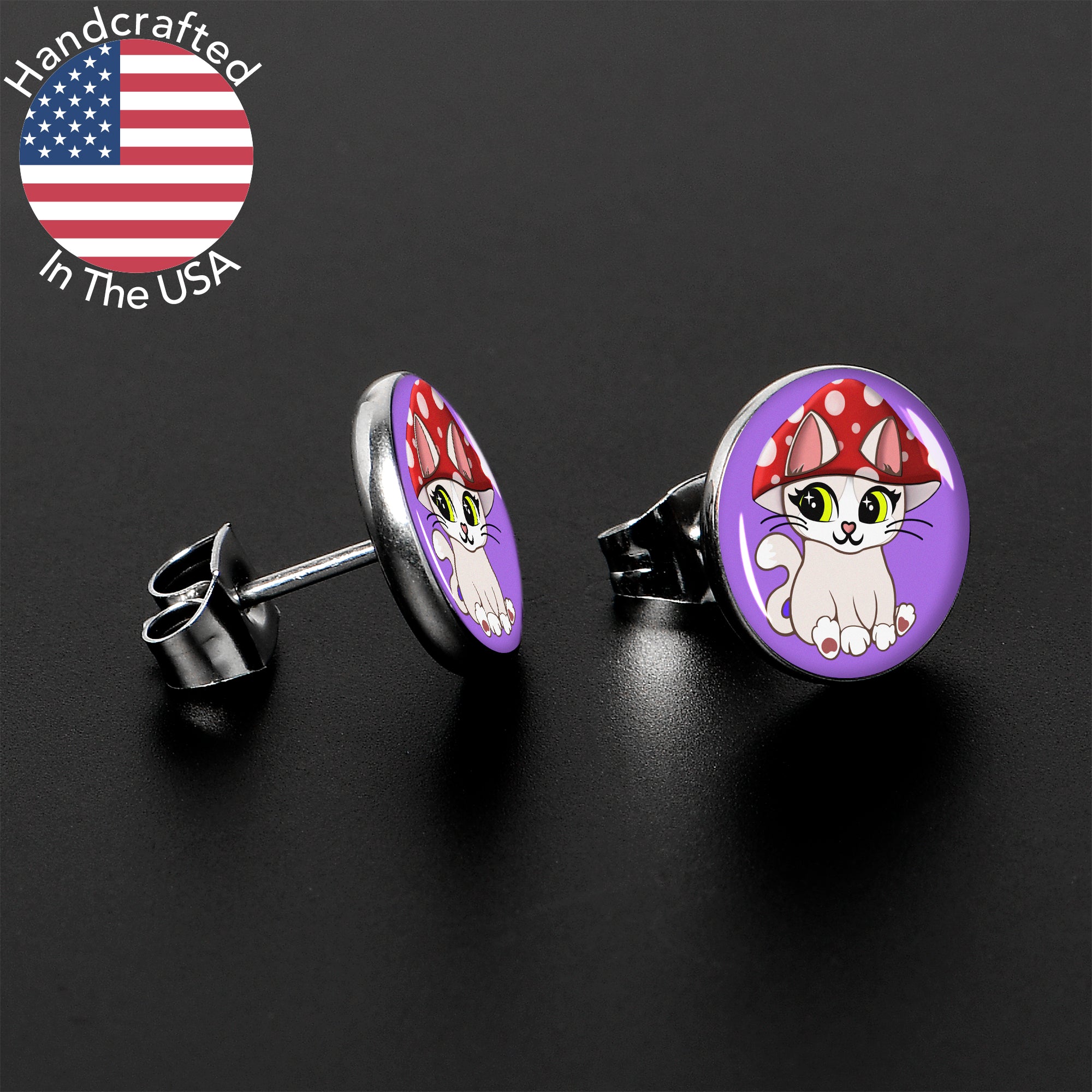 Polka Dot Mushroom Hat Cat Stud Earrings by Onyx O