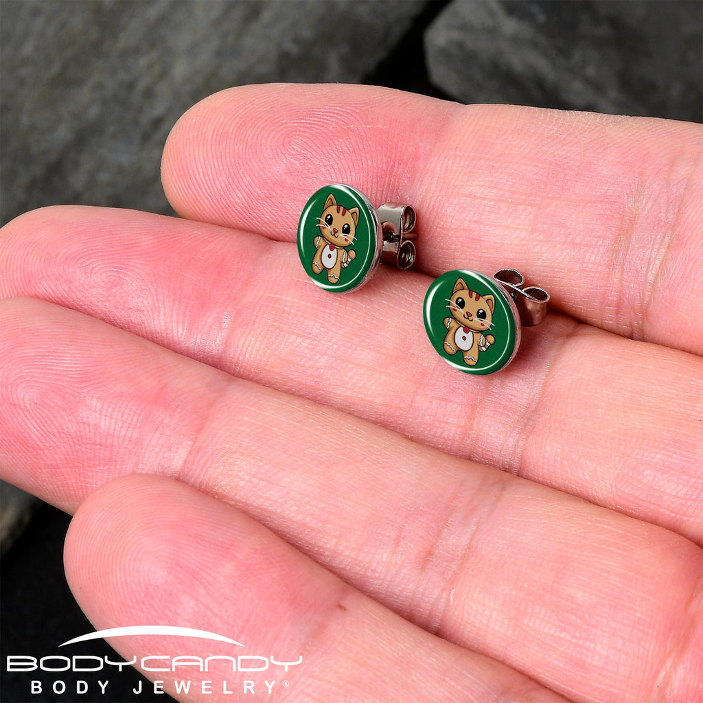 Christmas Holiday Gingerbrread Kitty Cat Stud Earrings by Onyx O