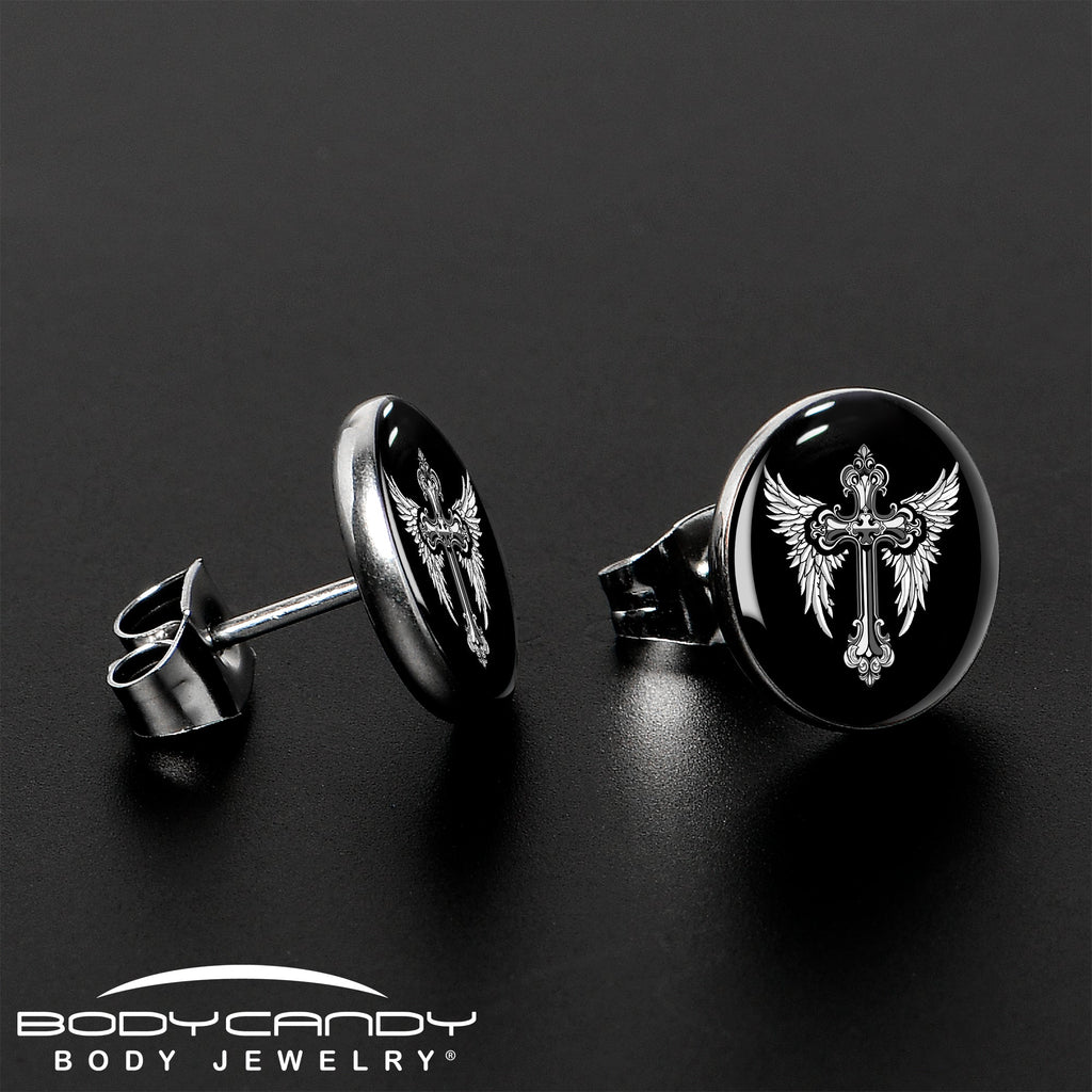Black White Winged Cross Stud Earrings by Onyx O