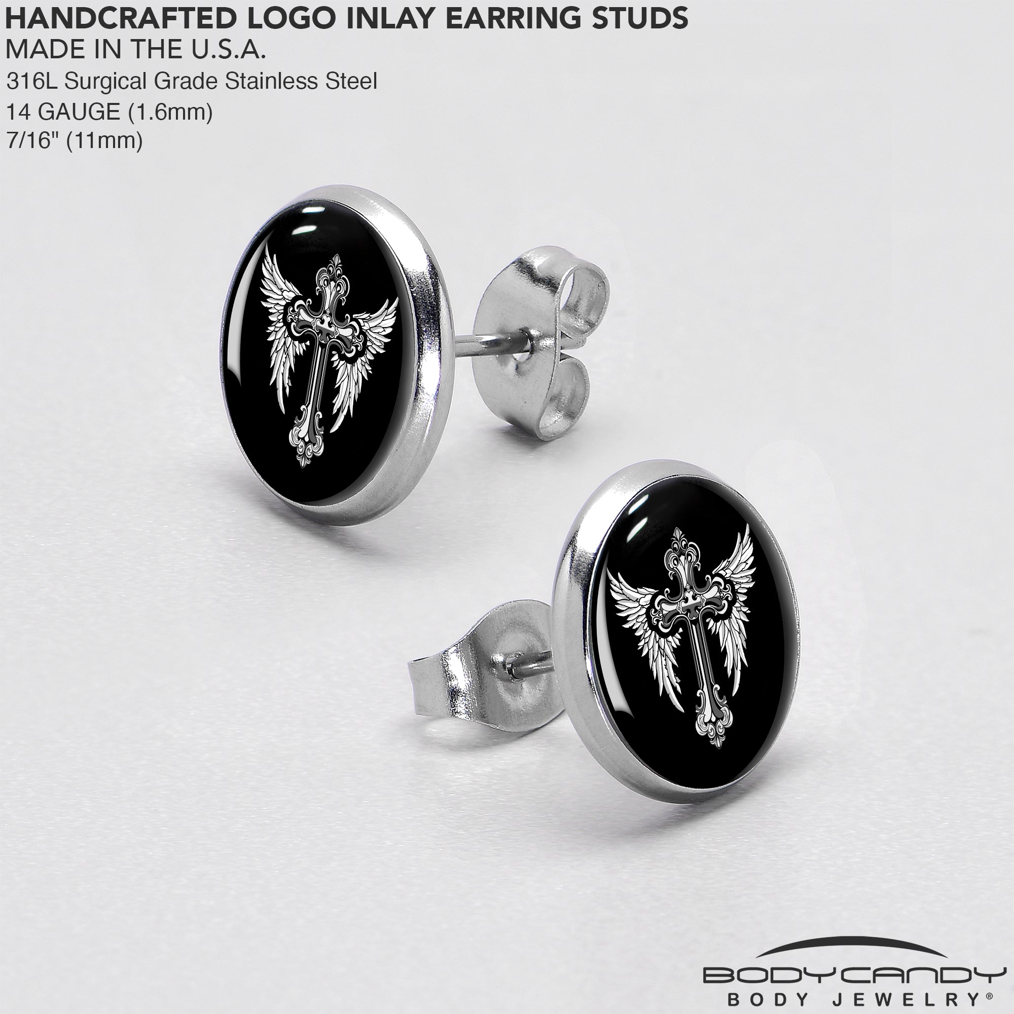 Black White Winged Cross Stud Earrings by Onyx O
