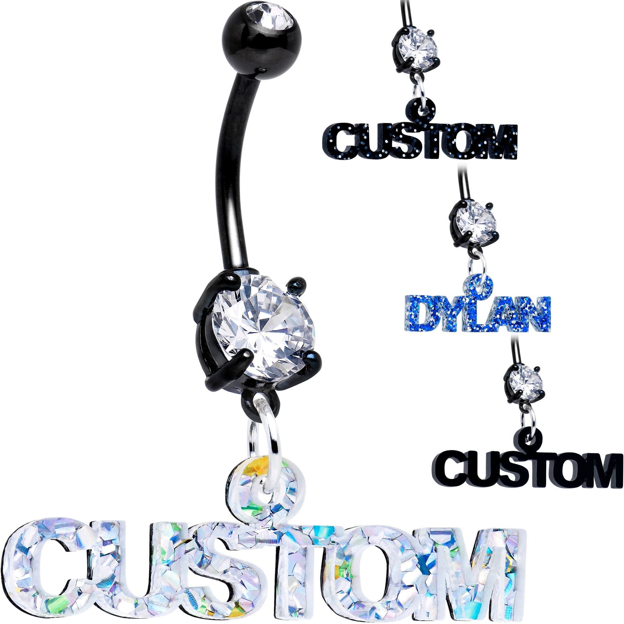 Custom Black Double Gem Personalized Name Belly Ring