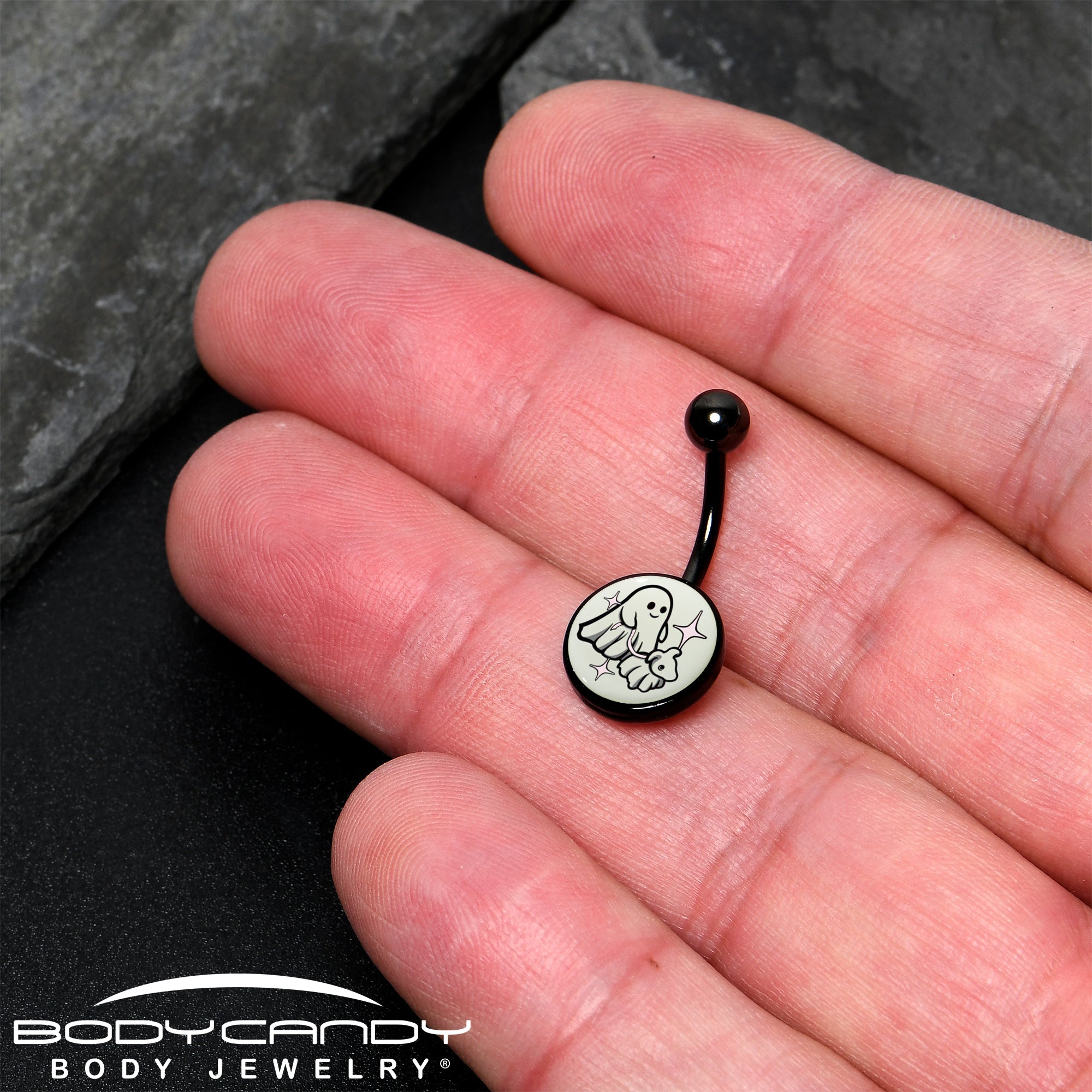 Black Anodized Glow in the Dark Halloween Ghost Dog Walker Belly Ring by Onyx O
