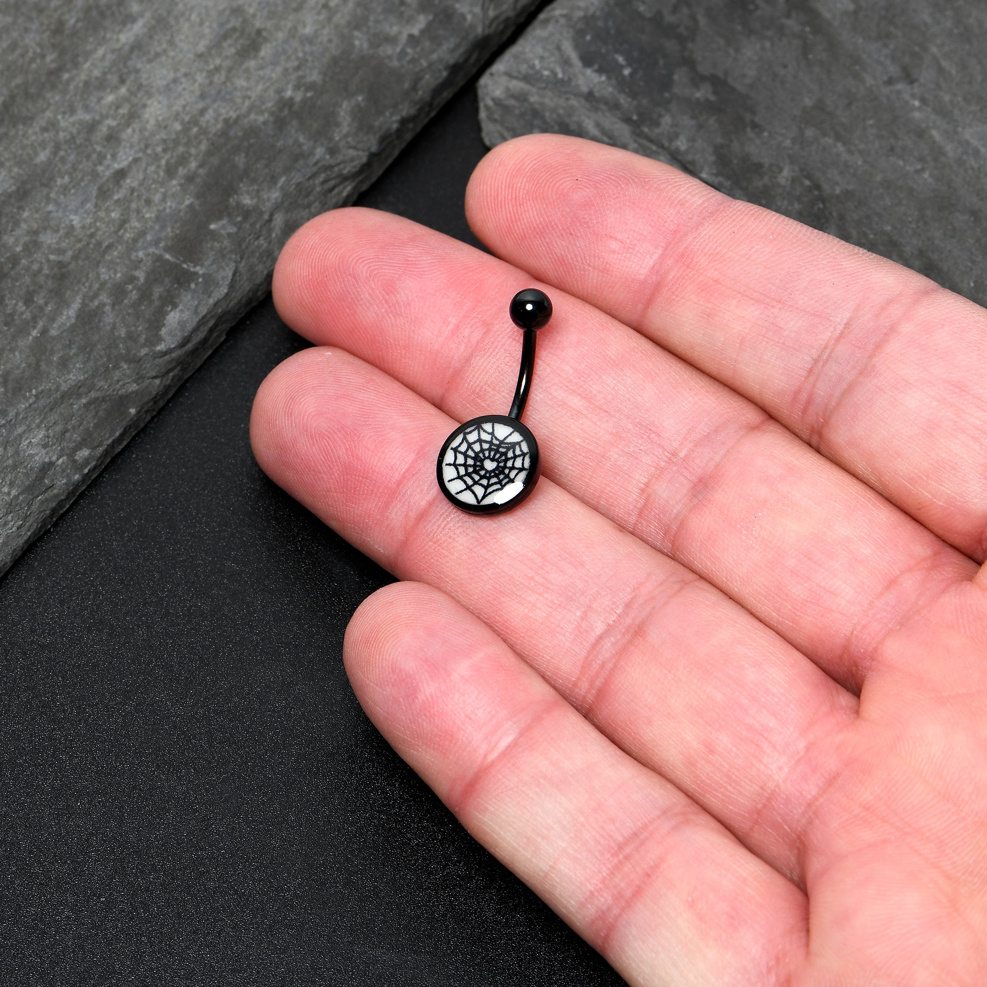 Black Glow in the Dark Heart Spider Web Belly Ring by Onyx O