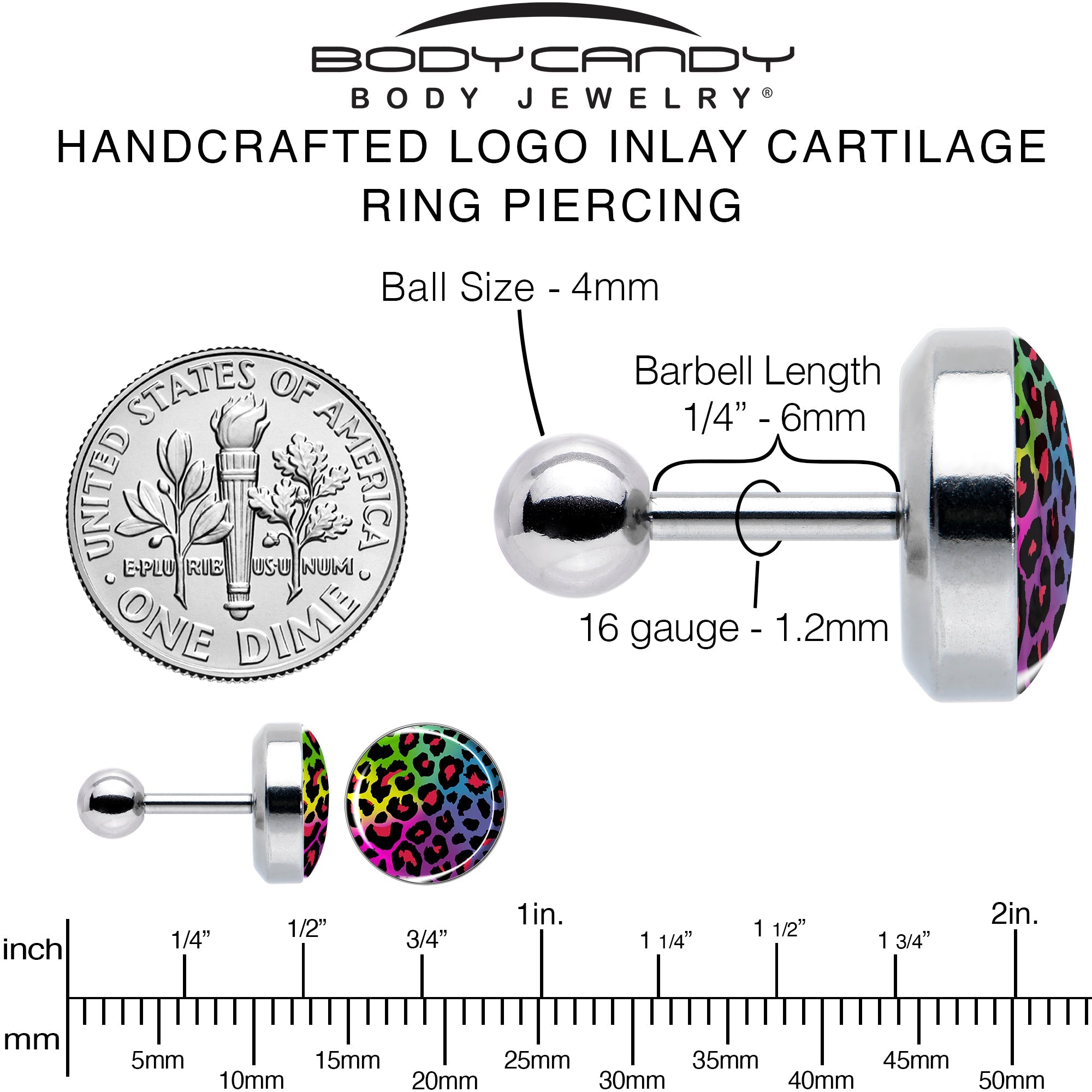 16G 1/4 Rainbow Cheetah Print Cartilage Tragus Earring by Onyx O