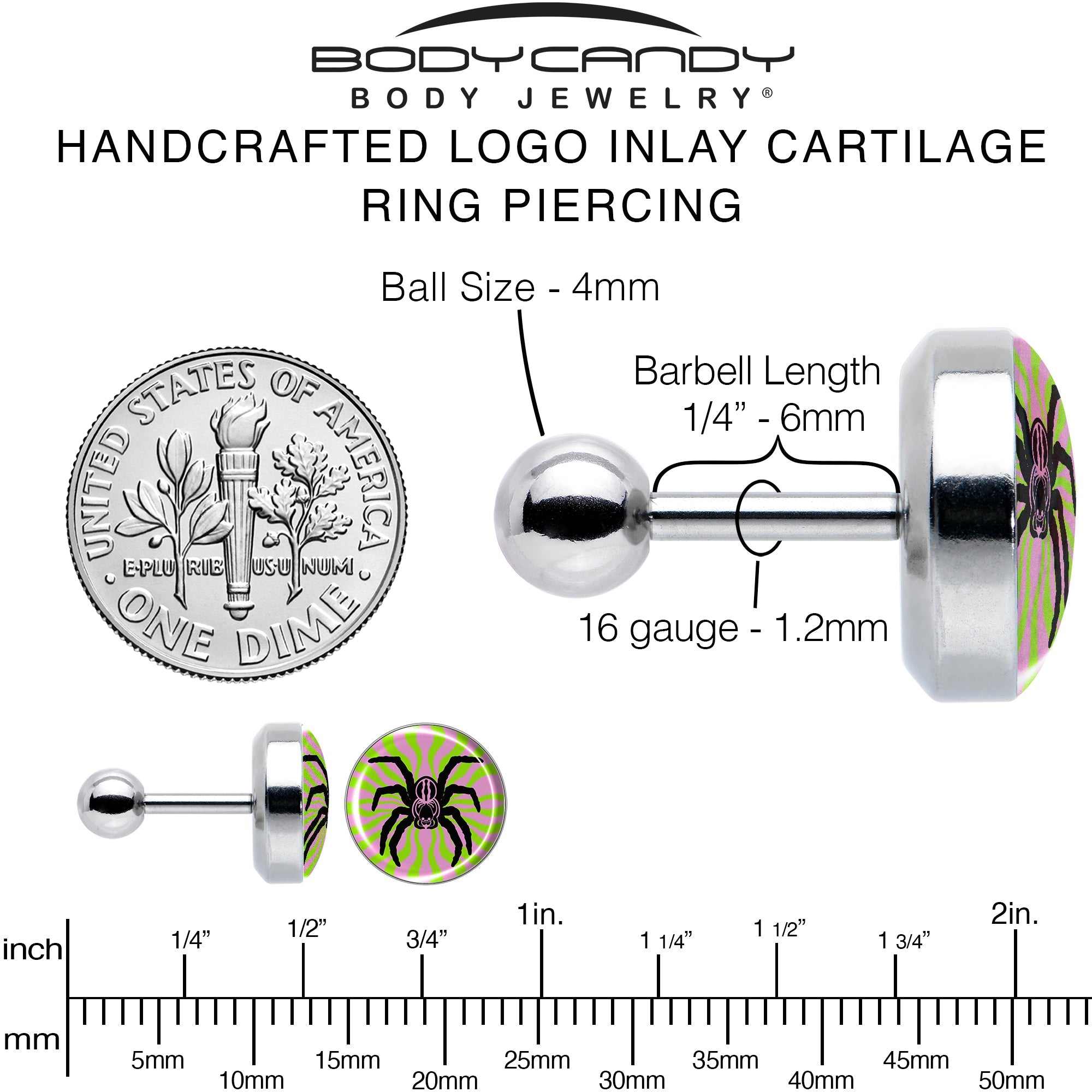 16G 1/4 Psychedelic Spider Tragus Cartilage Earring by Onyx O