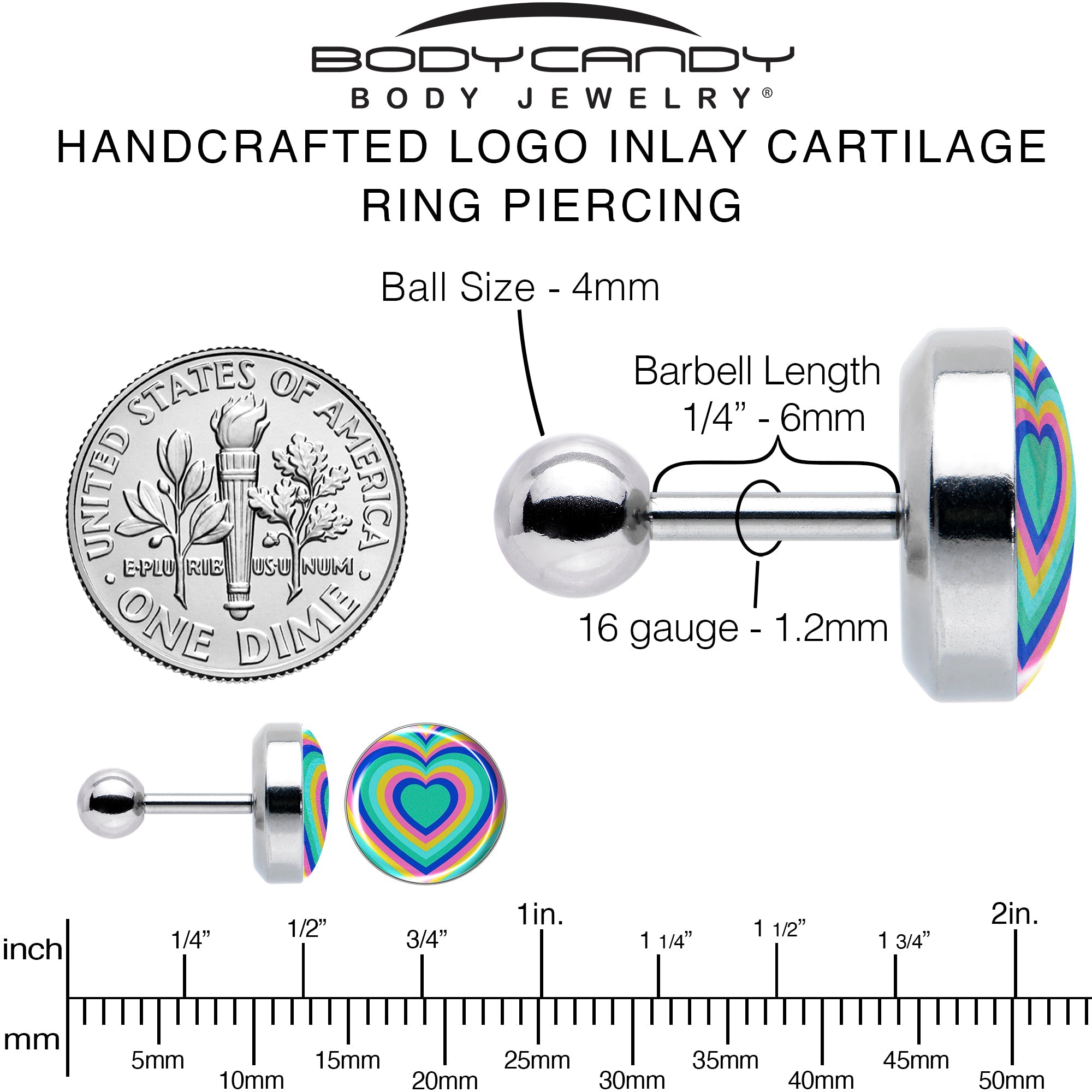 16G 1/4 Rainbow Retro Heart Tragus Cartilage Earring by Onyx O