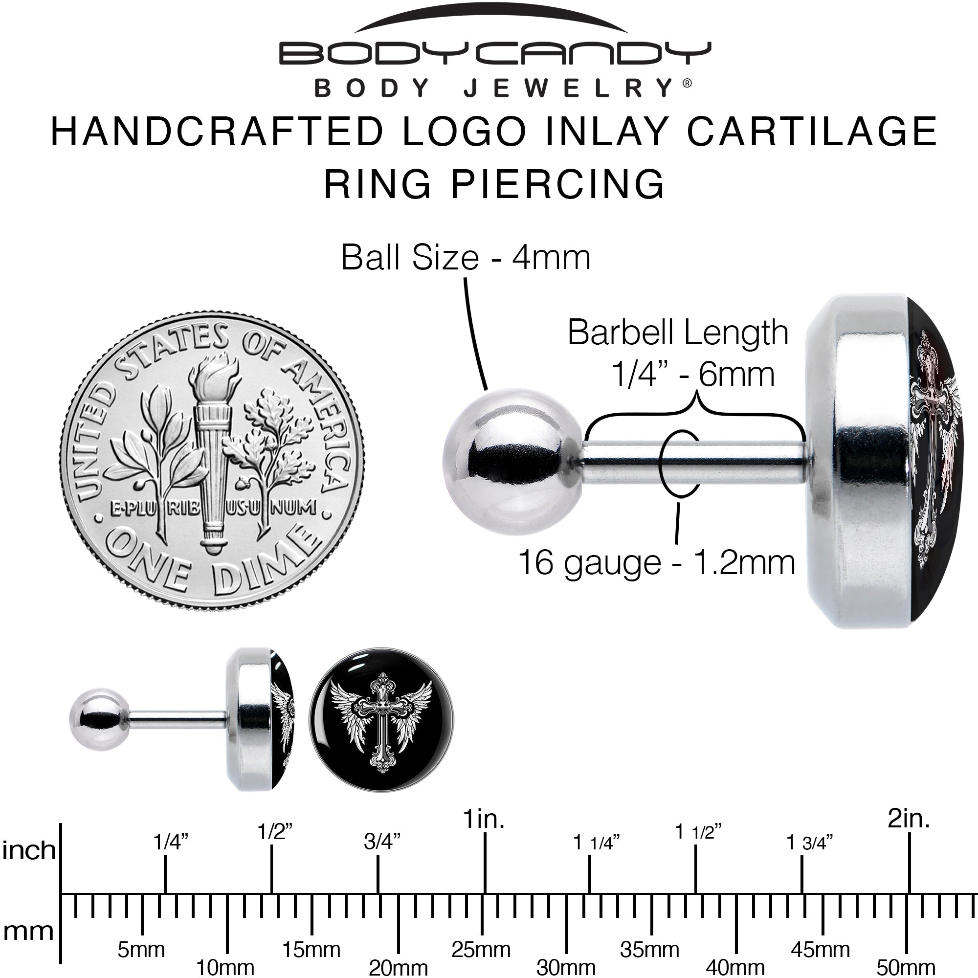 16G 1/4 Black White Winged Cross Tragus Cartilage Earring by Onyx O
