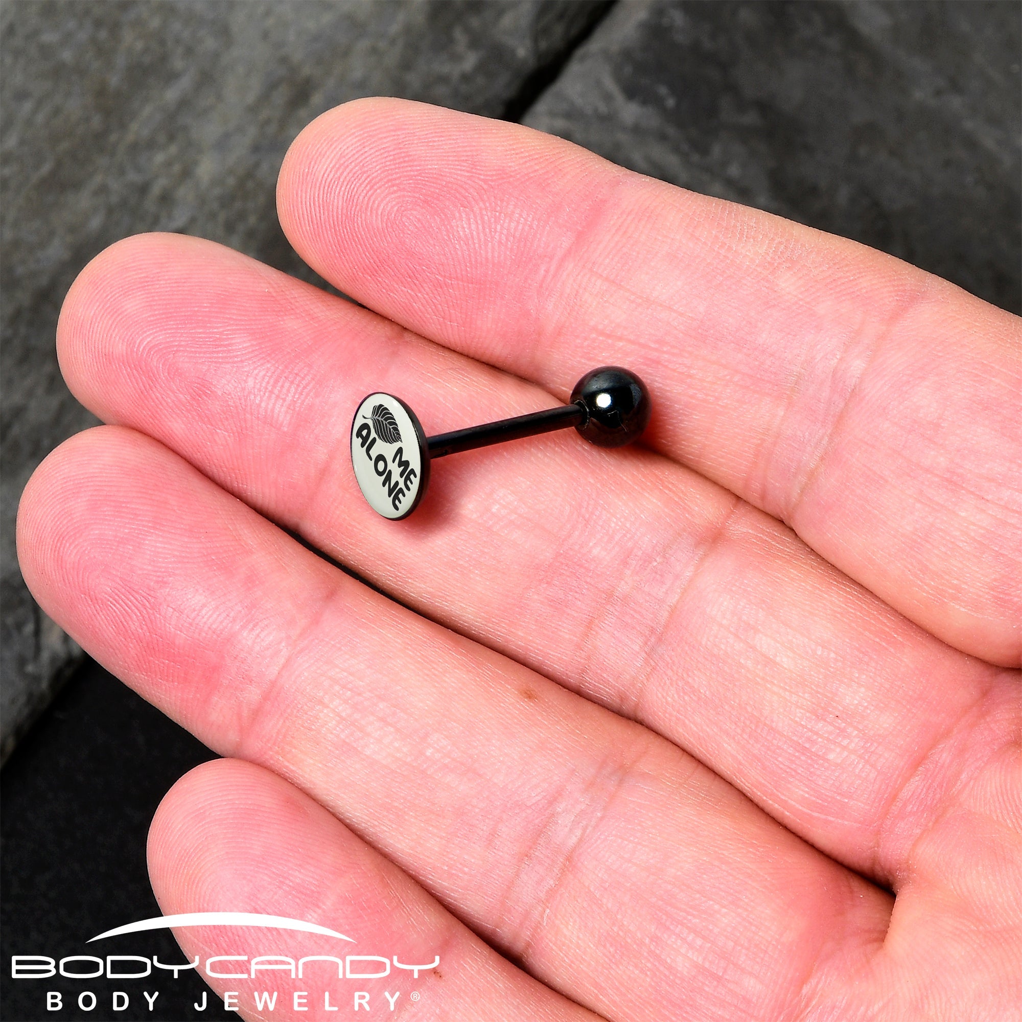 Glow in the Dark Black Anodized Leaf Me Alone Barbell Tongue Ring by Onyx O