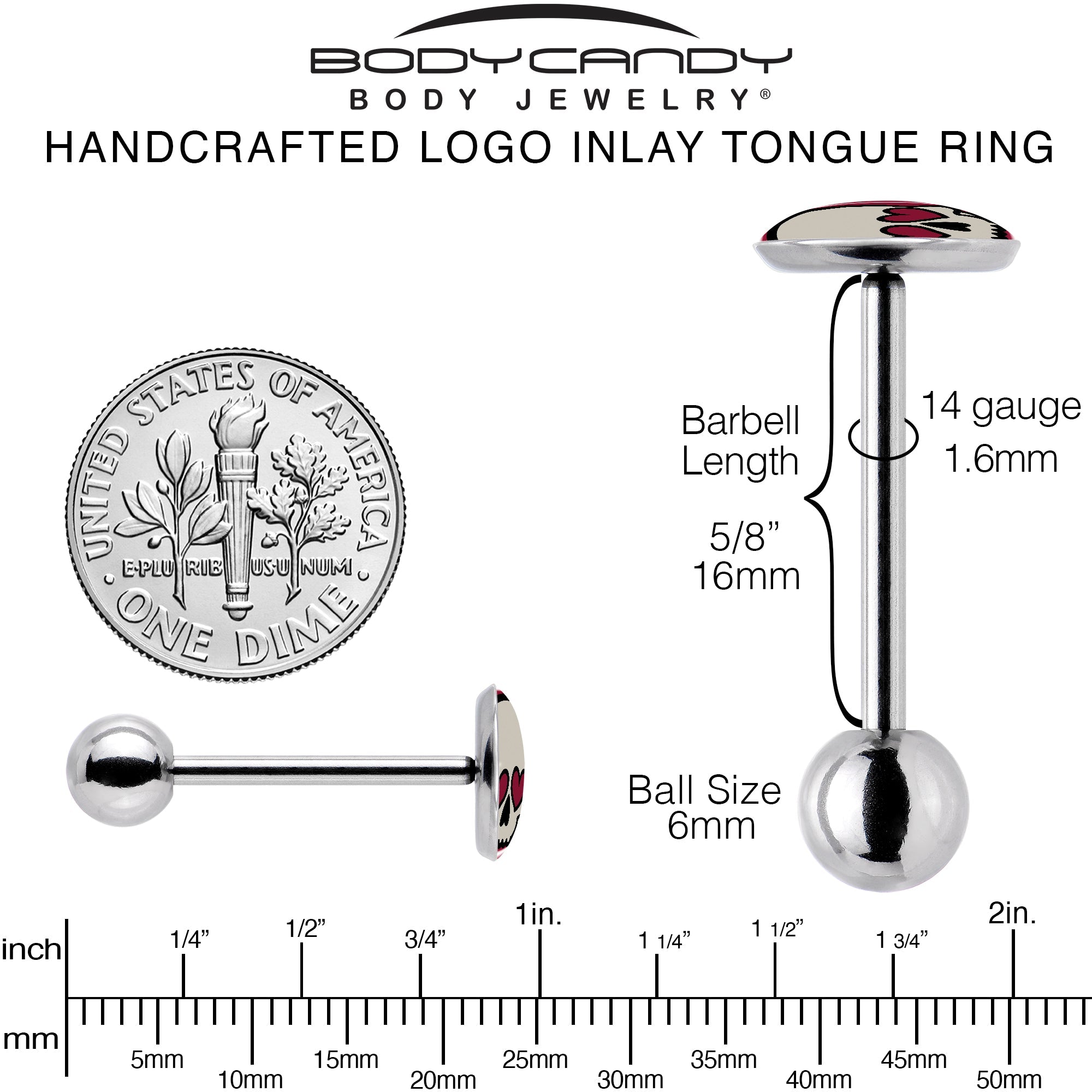 Valentine Heart Skull Barbell Tongue Ring