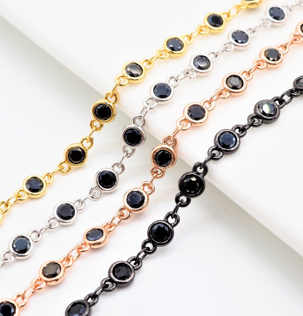 1 Foot/Yard- Black CZ Beaded Chain-4mm Cubic Zirconia Gold Silver Rose Gold Gunmetal Plated Bezel Chain, Bezel Connector Beads, sku#E402