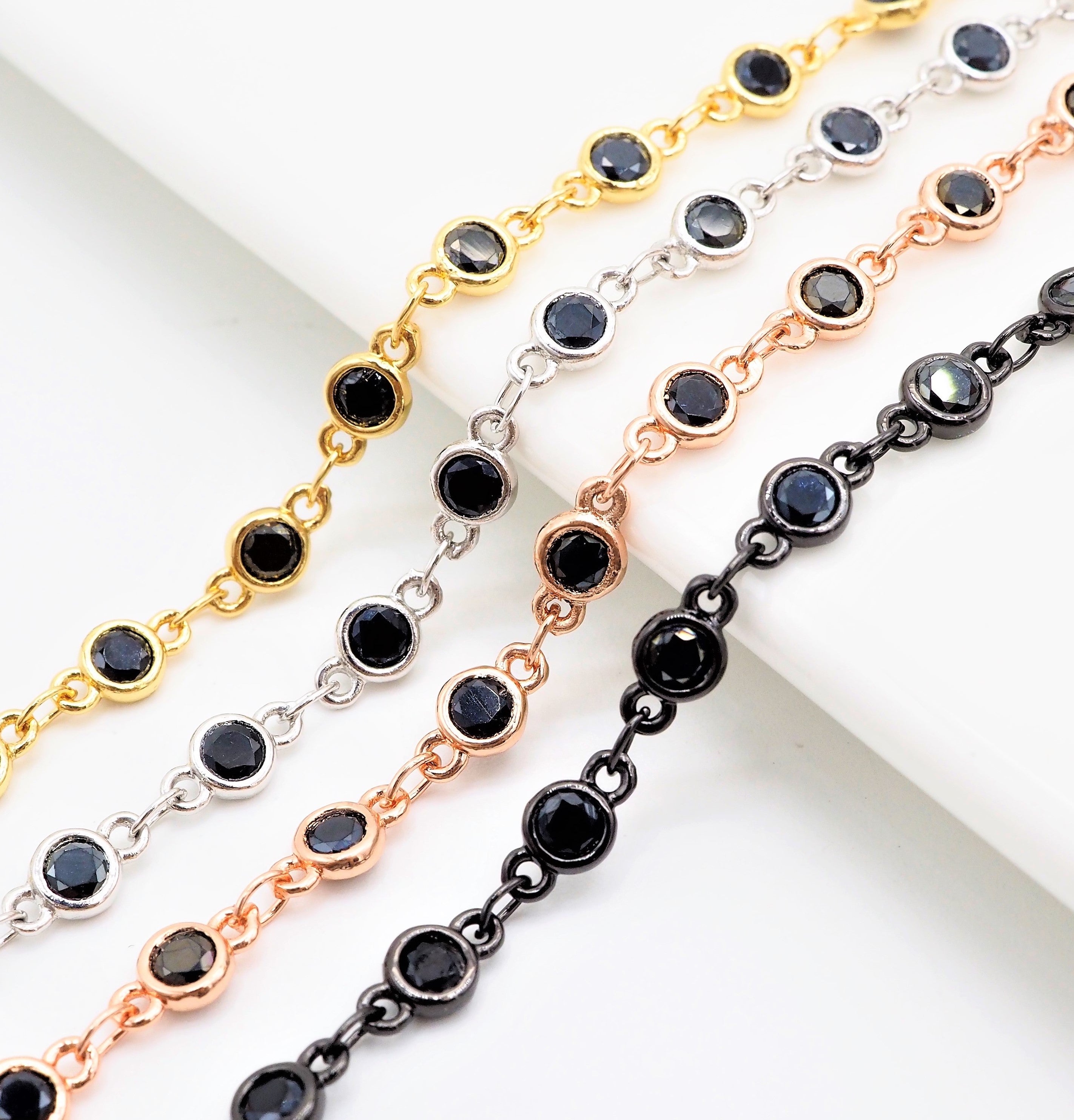 1 Foot/Yard- Black CZ Beaded Chain-4mm Cubic Zirconia Gold Silver Rose Gold Gunmetal Plated Bezel Chain, Bezel Connector Beads, sku#E402