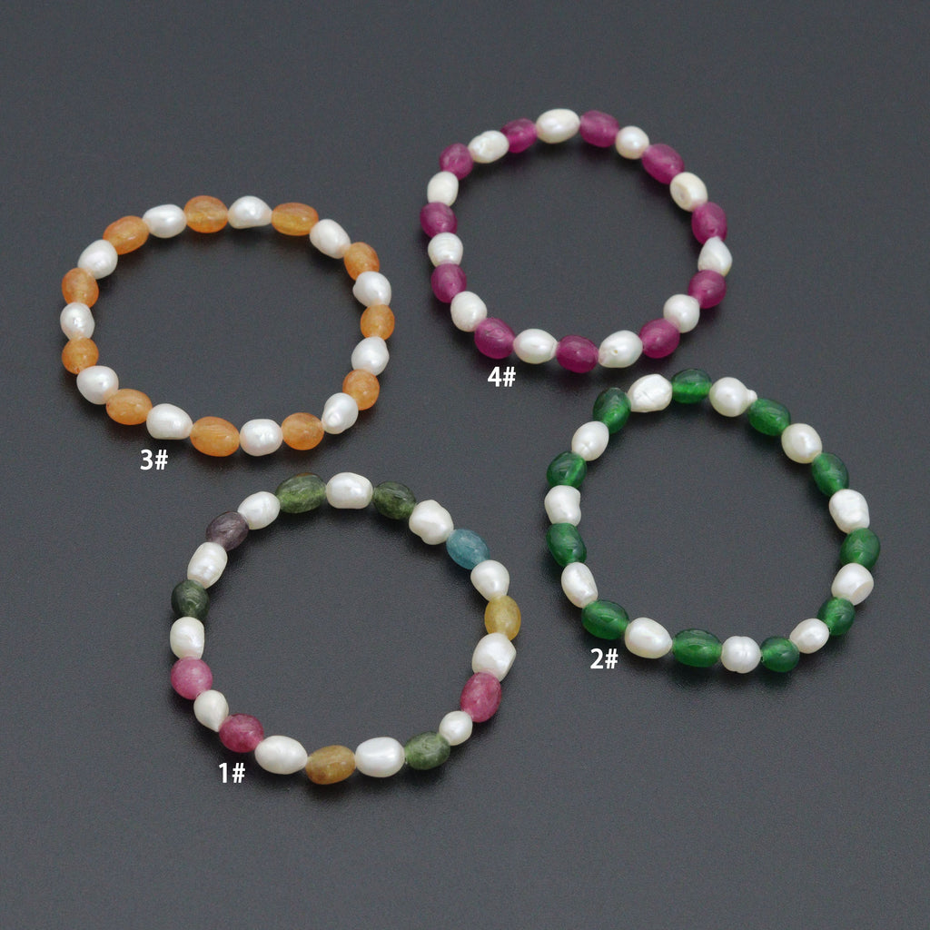 Freeform Pearl with Jade Stretchy Bracelet, Sku#EF654