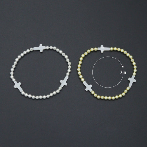 Hematite with Mother of Pearl Cross Stretchy Bracelet, Sku#EF776