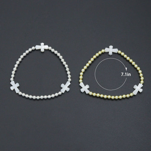 Hematite with curved Mother of Pearl Cross Stretchy Bracelet, Sku#EF777