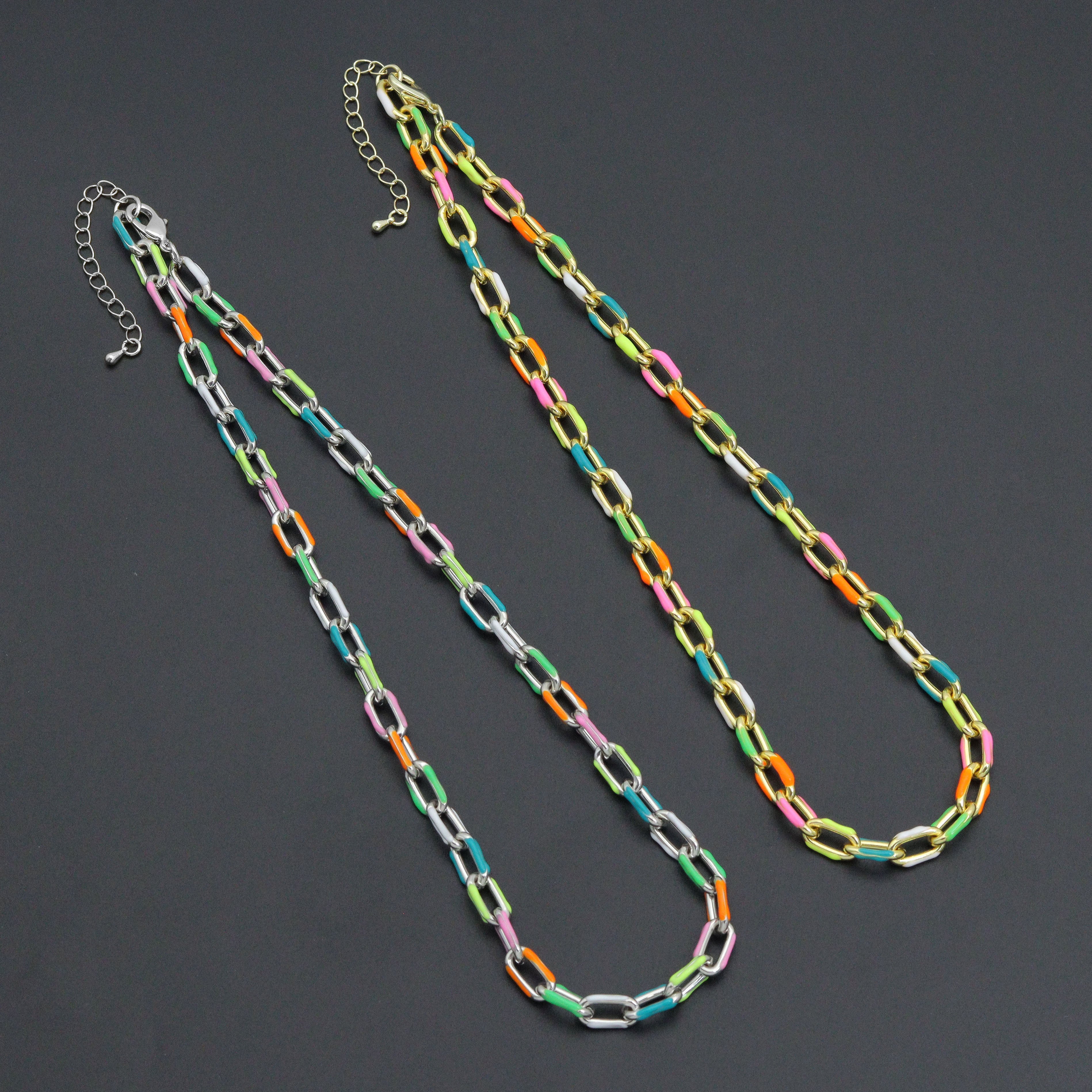 Gold /Silver Colorful Enamel Rectangle Link Chain Necklace, sku#EF778