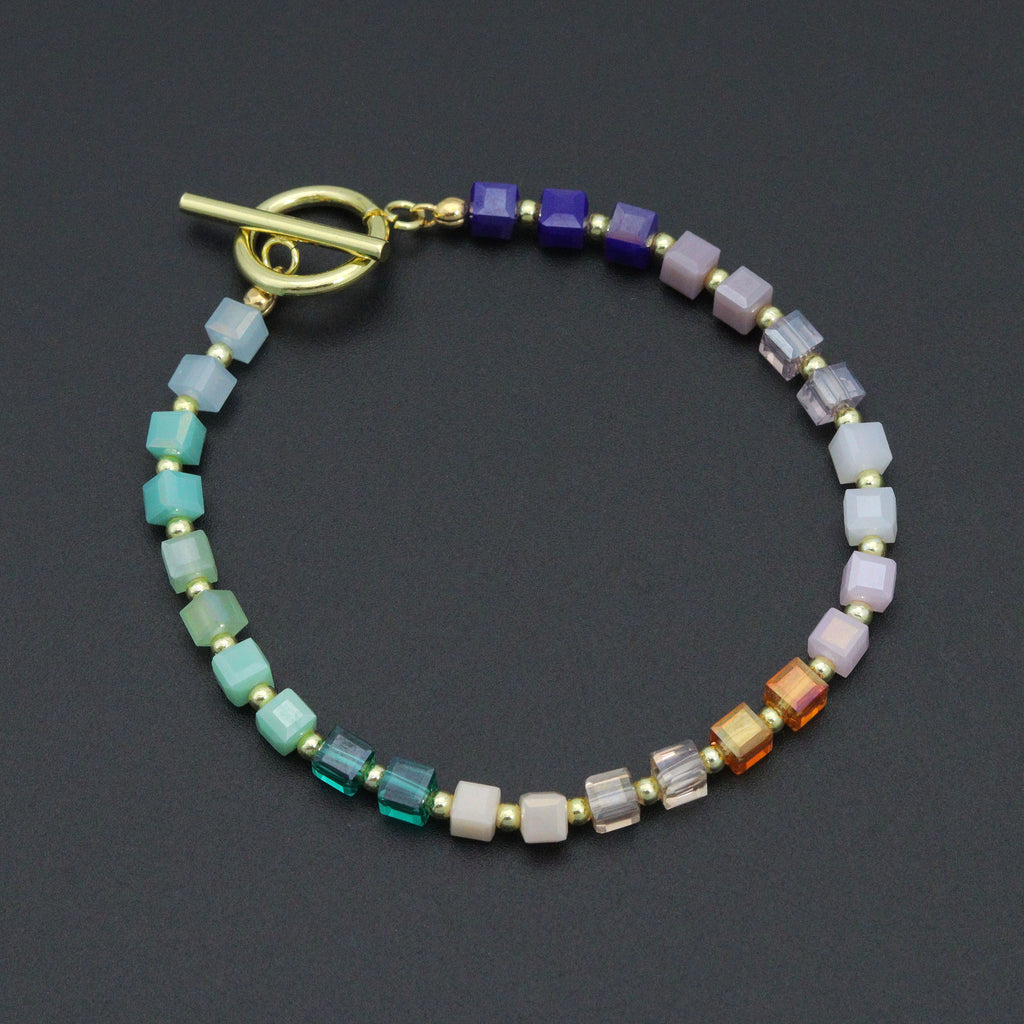 Rainbow Color Cube Stone Stretchy Bracelet with Toggle clasp, EF784